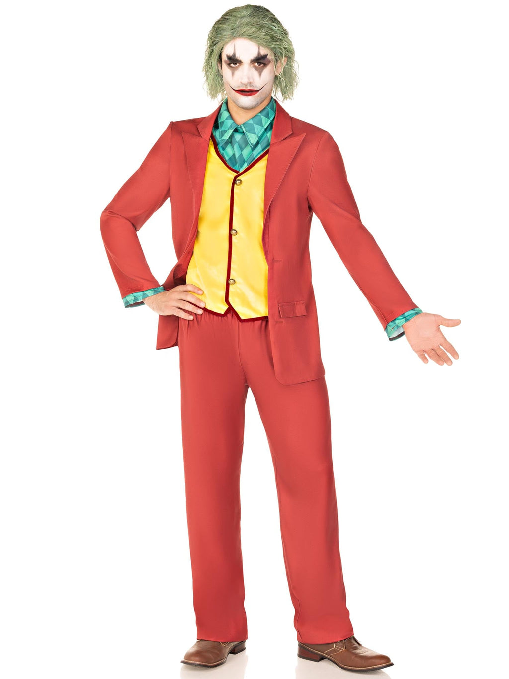 Men’s 3 PC Deviant Clown Costume, Includes Jacket with Attached Vest, Dickey and Pants