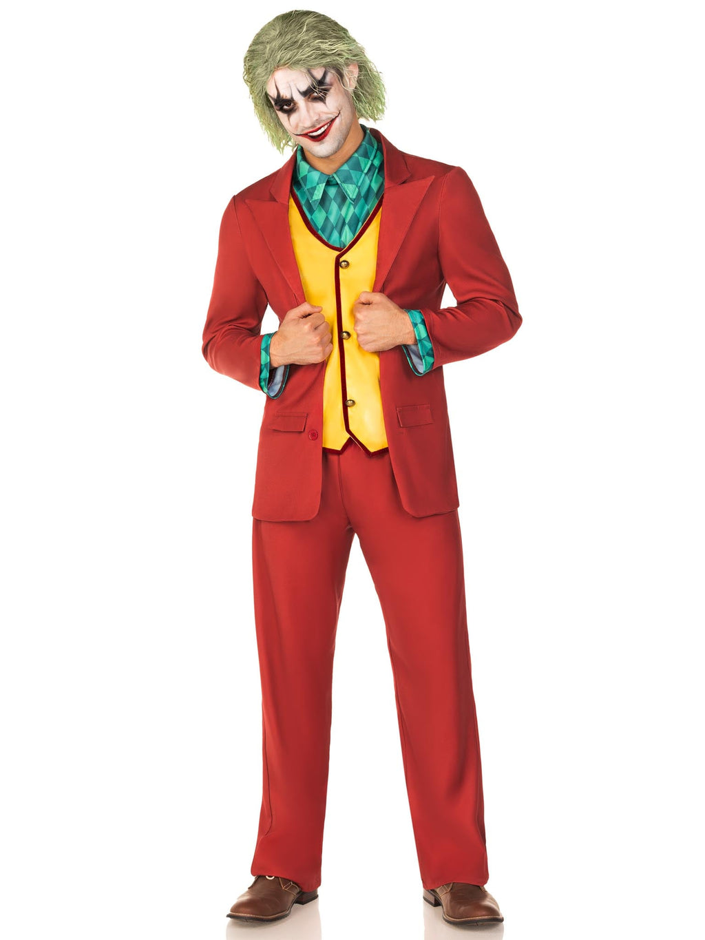 Men’s 3 PC Deviant Clown Costume, Includes Jacket with Attached Vest, Dickey and Pants