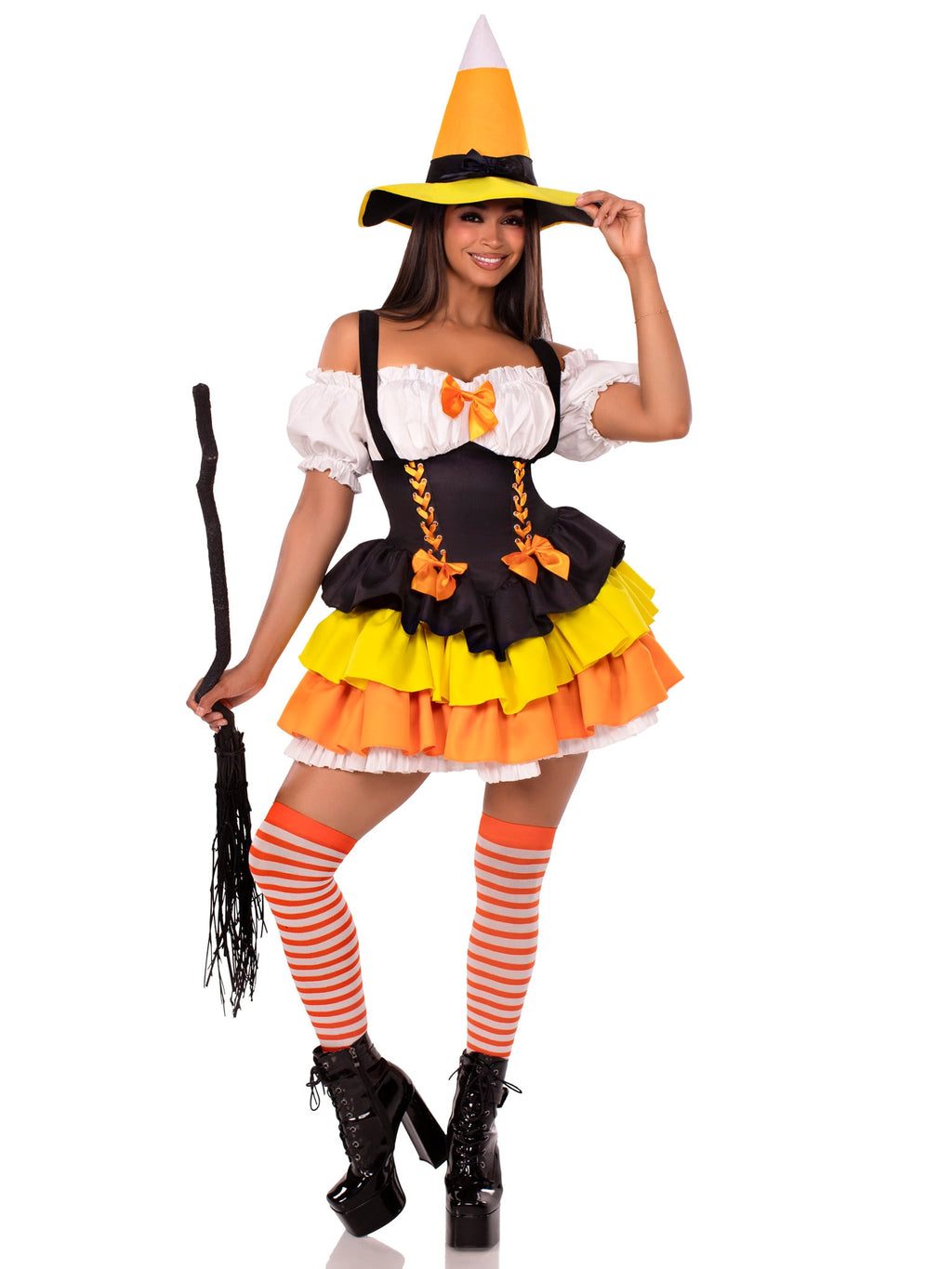 2 PC Candy Corn Witch Costume, Includes Dress with Tiered Skirt Lace-Up Waist and Witch Hat
