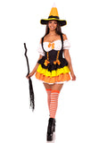 2 PC Candy Corn Witch Costume, Includes Dress with Tiered Skirt Lace-Up Waist and Witch Hat