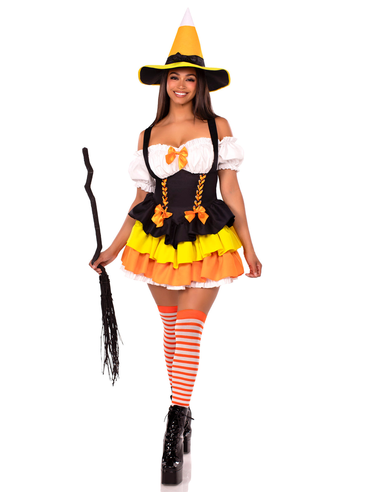 2 PC Candy Corn Witch Costume, Includes Dress with Tiered Skirt Lace-Up Waist and Witch Hat