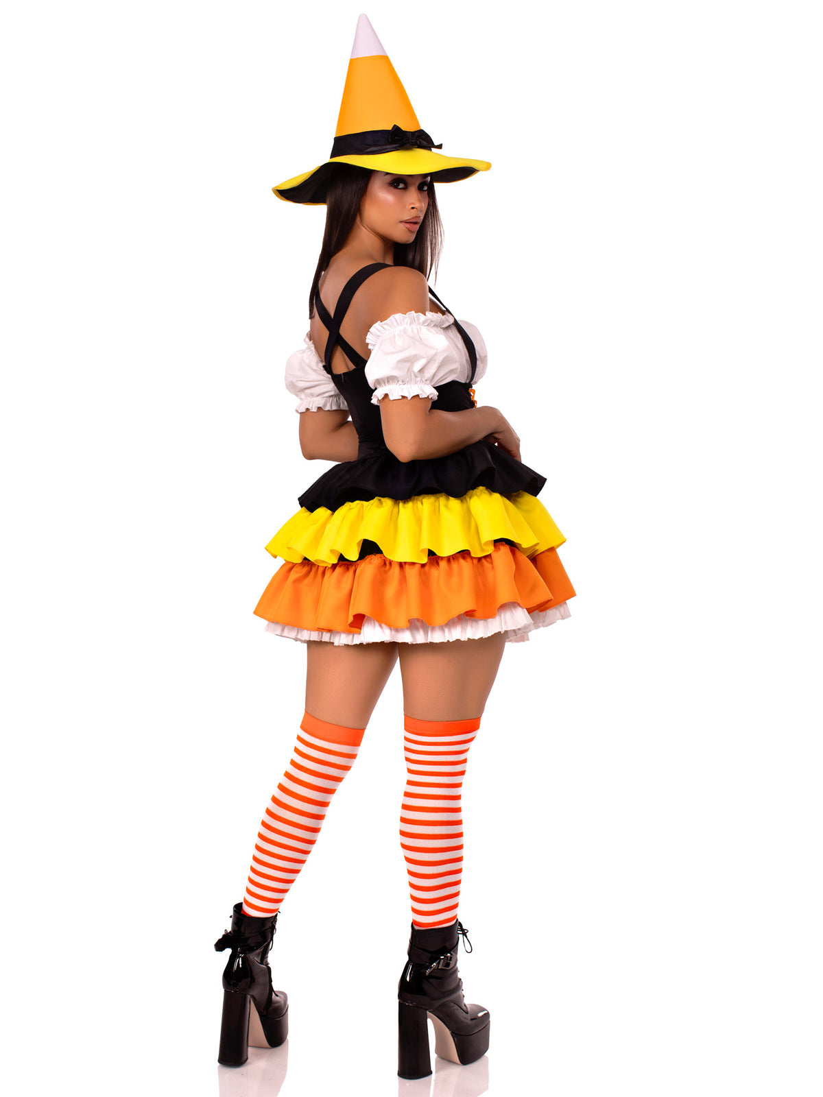 2 PC Candy Corn Witch Costume, Includes Dress with Tiered Skirt Lace-Up Waist and Witch Hat