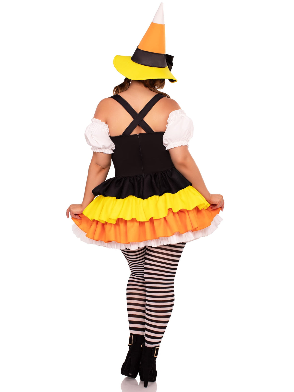 Plus Size 2 PC Candy Corn Witch Costume, Includes Dress with Tiered Skirt Lace-Up Waist and Witch Hat