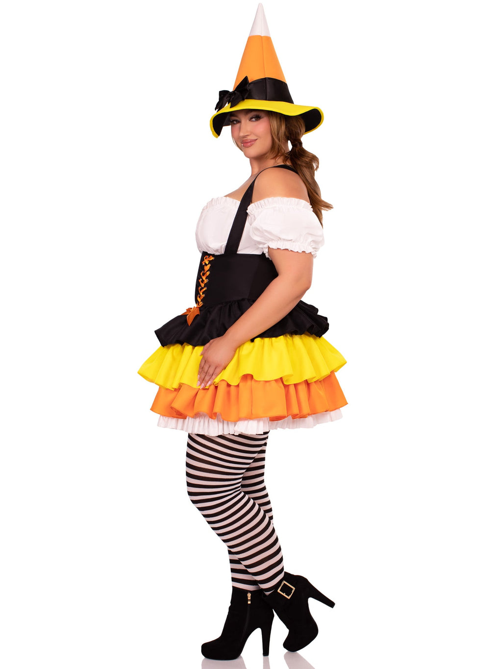 Plus Size 2 PC Candy Corn Witch Costume, Includes Dress with Tiered Skirt Lace-Up Waist and Witch Hat