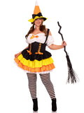 Plus Size 2 PC Candy Corn Witch Costume, Includes Dress with Tiered Skirt Lace-Up Waist and Witch Hat