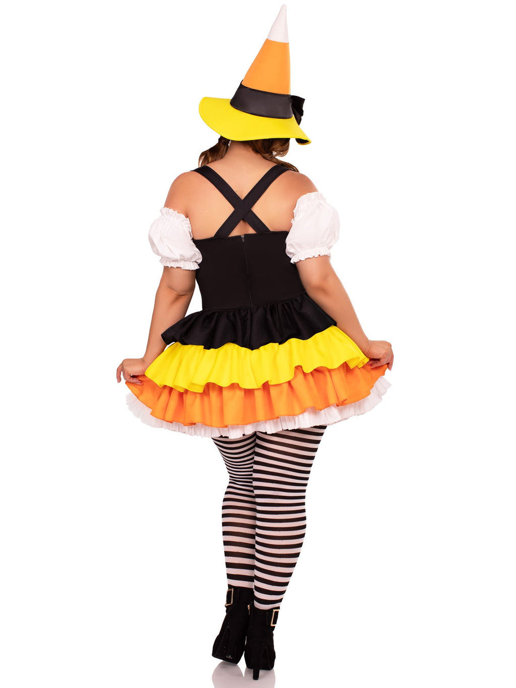 Plus Size 2 PC Candy Corn Witch Costume, Includes Dress with Tiered Skirt Lace-Up Waist and Witch Hat