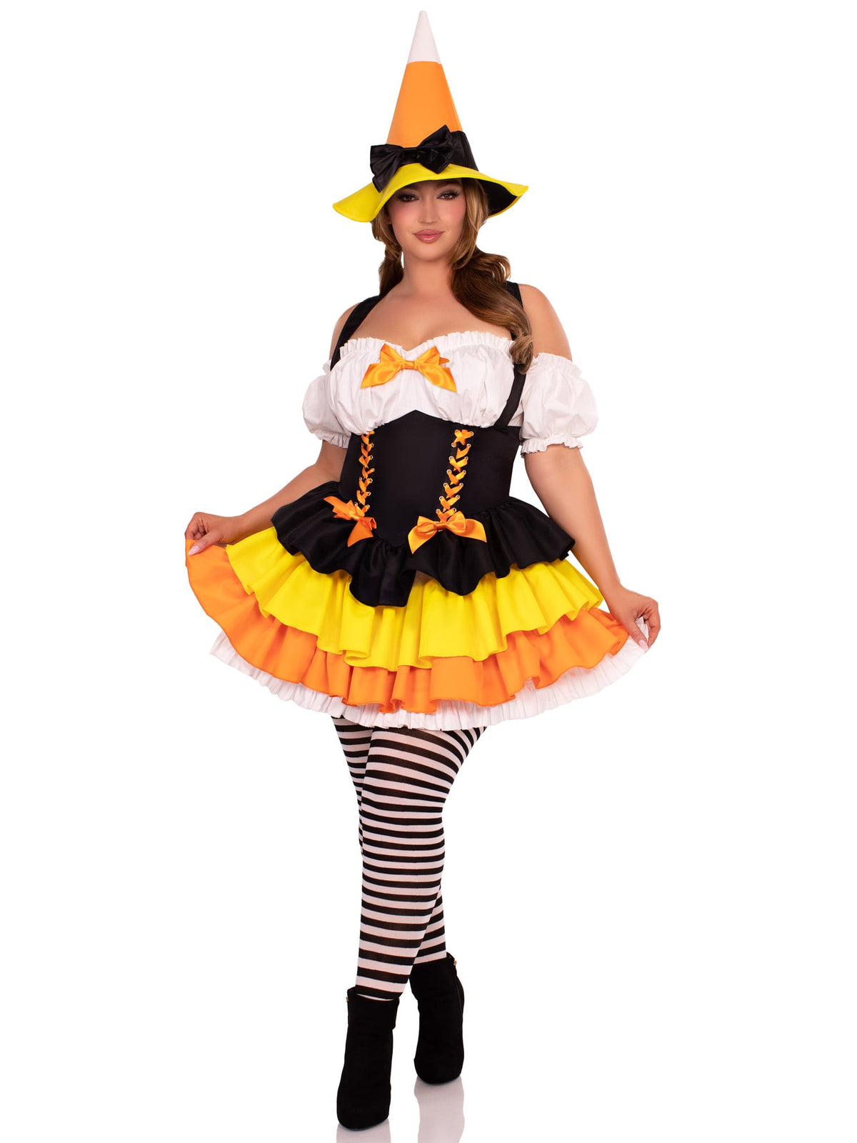 Plus Size 2 PC Candy Corn Witch Costume, Includes Dress with Tiered Skirt Lace-Up Waist and Witch Hat