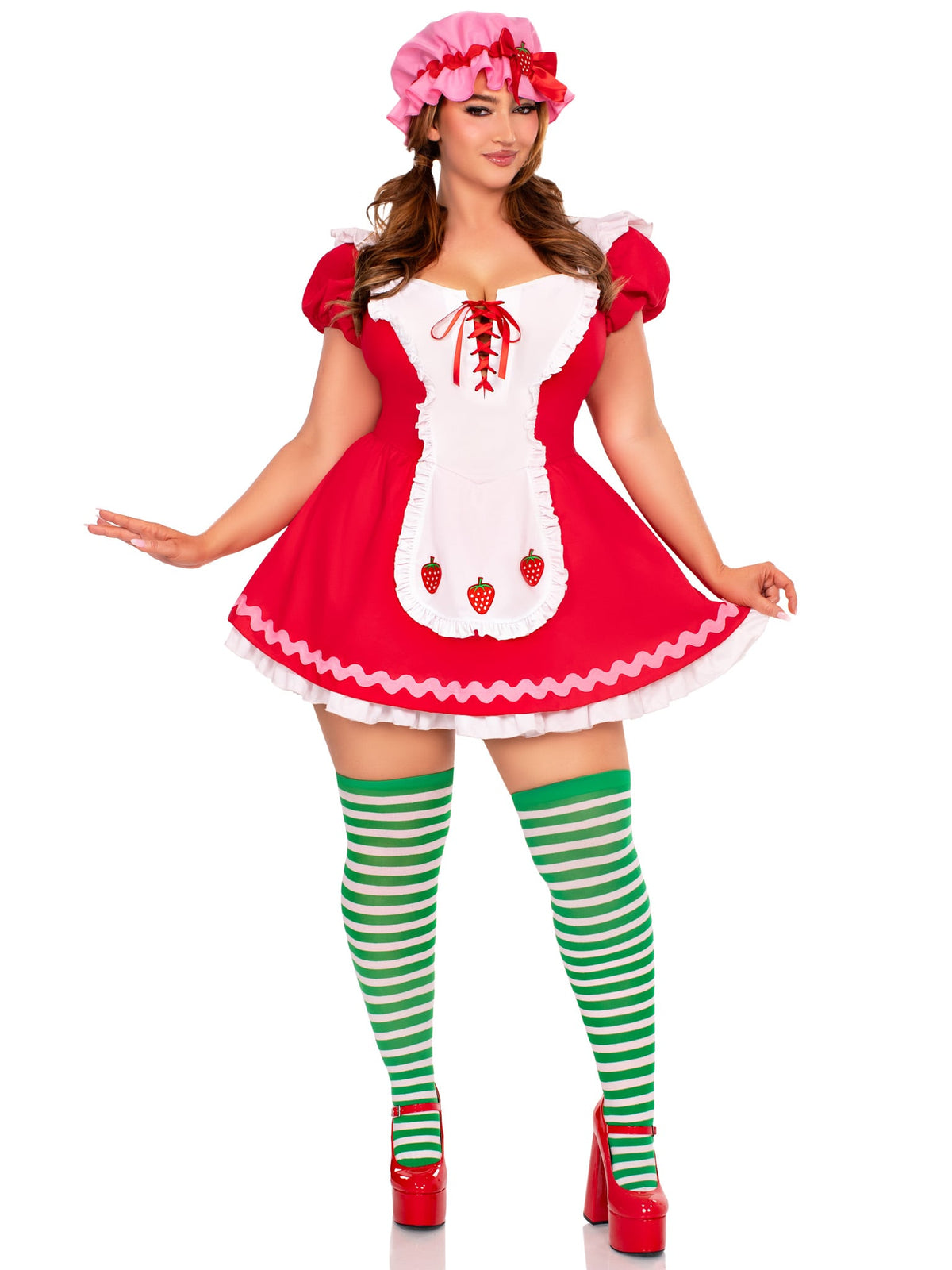 Plus Size 3 PC Berry Cutie Costume, Includes Apron Dress with Lace-Up Front and Berry Accents, Pin-On Back Bow, and Bonnet