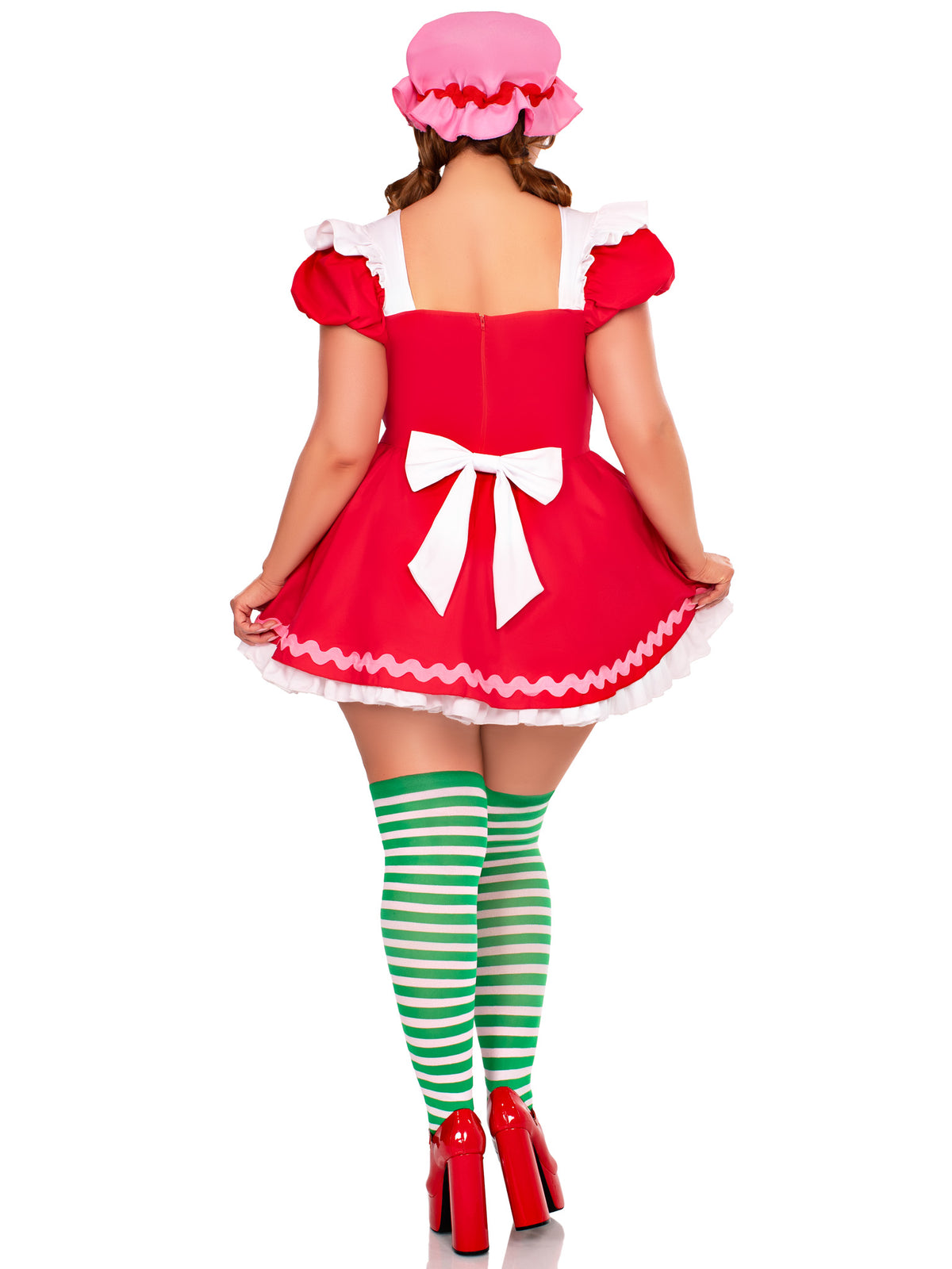 Plus Size 3 PC Berry Cutie Costume, Includes Apron Dress with Lace-Up Front and Berry Accents, Pin-On Back Bow, and Bonnet