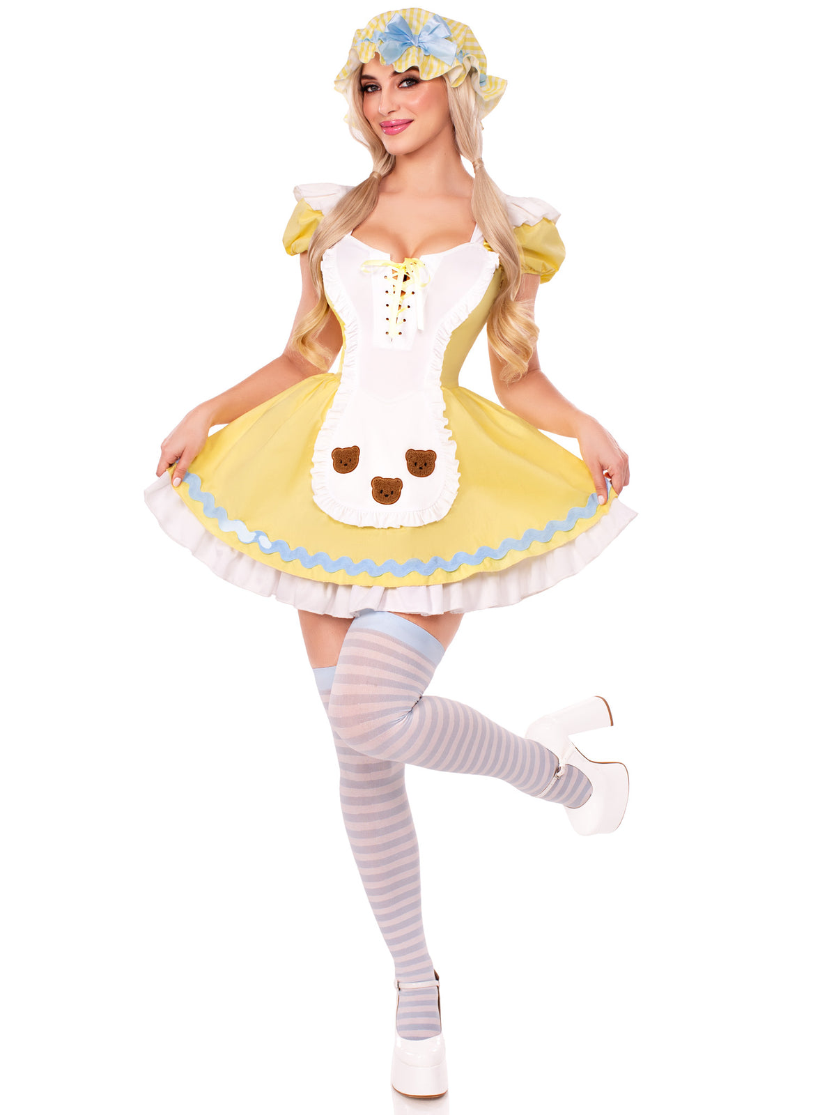 3 PC Beary-Cute Goldilocks Costume, Includes Apron Dress with Lace-Up Front and Bear Patches, Pin-On Back Bow, and Bonnet