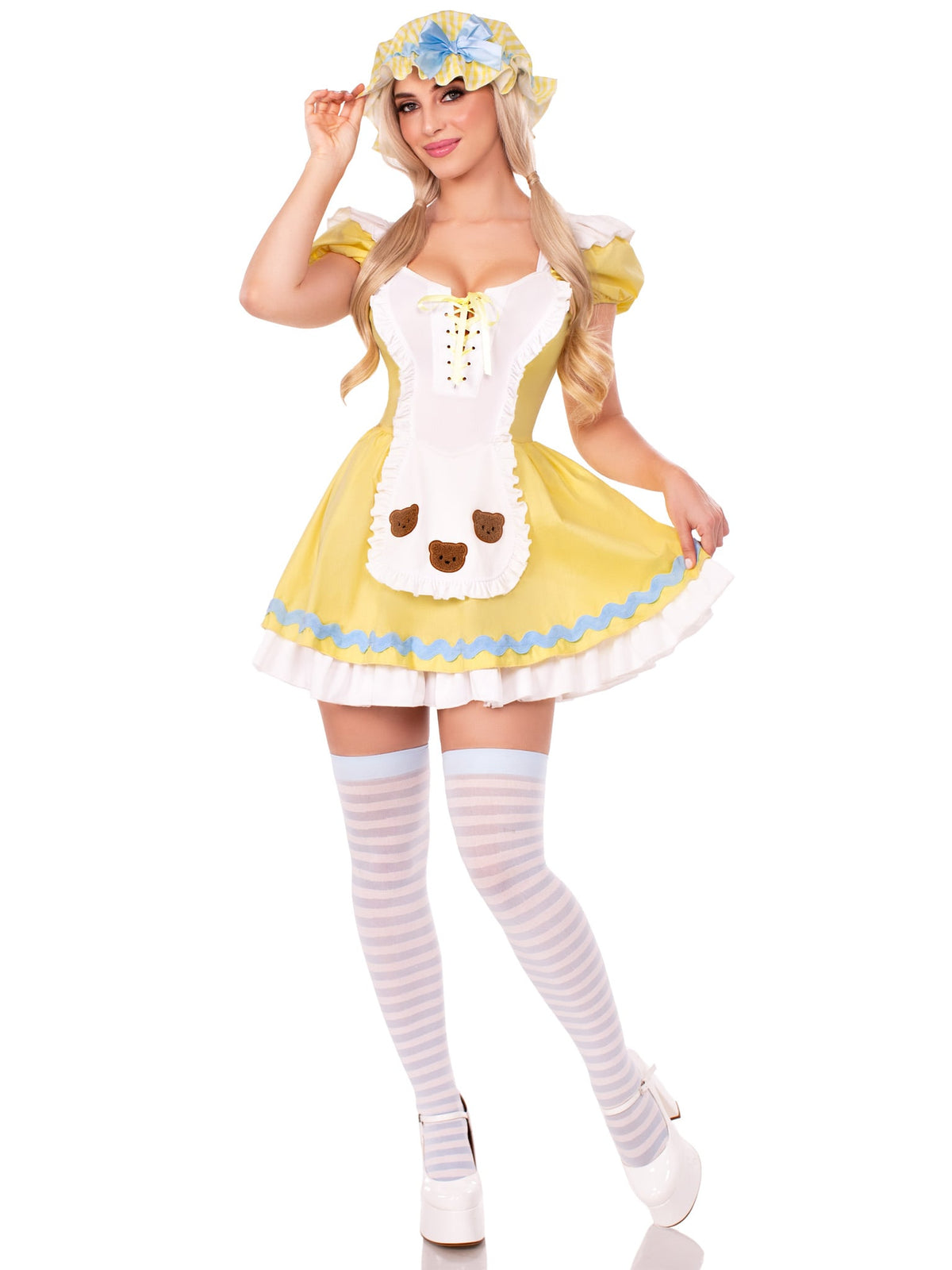 3 PC Beary-Cute Goldilocks Costume, Includes Apron Dress with Lace-Up Front and Bear Patches, Pin-On Back Bow, and Bonnet