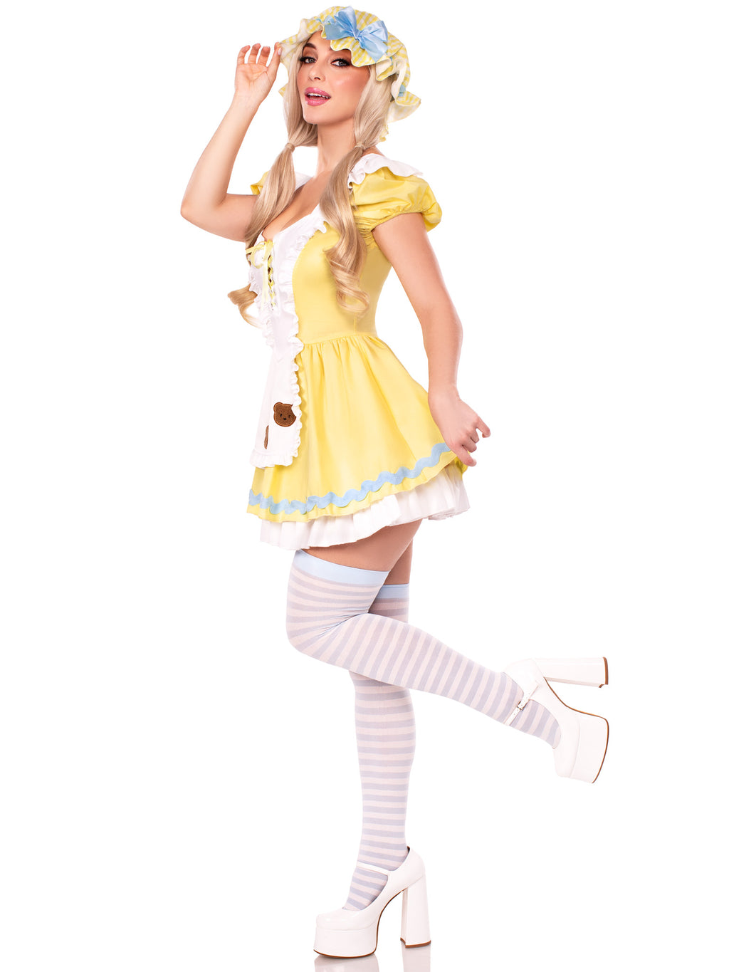 3 PC Beary-Cute Goldilocks Costume, Includes Apron Dress with Lace-Up Front and Bear Patches, Pin-On Back Bow, and Bonnet