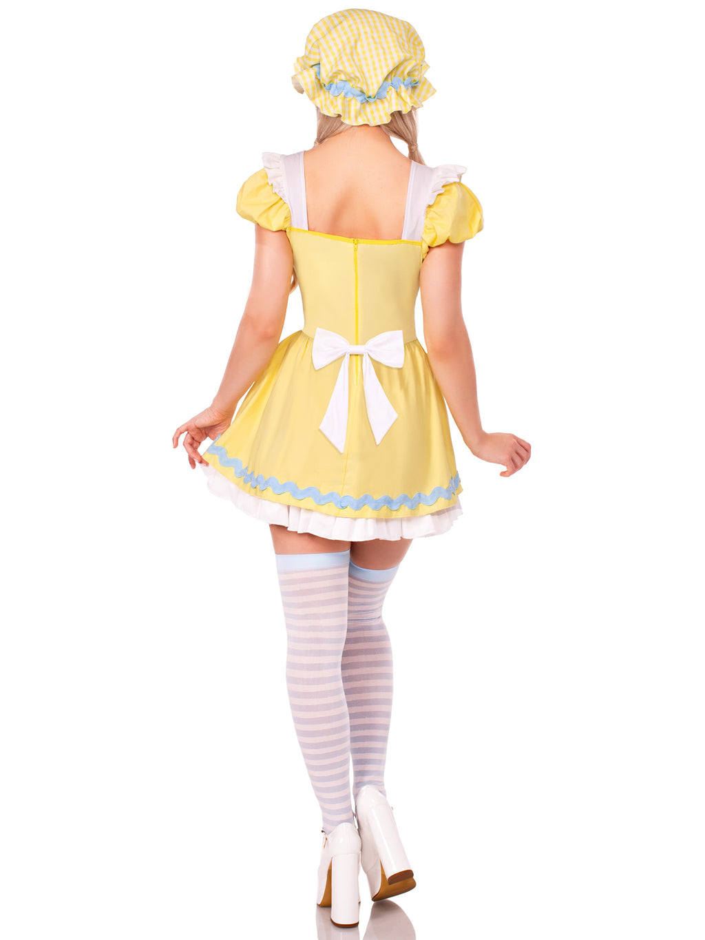 3 PC Beary-Cute Goldilocks Costume, Includes Apron Dress with Lace-Up Front and Bear Patches, Pin-On Back Bow, and Bonnet