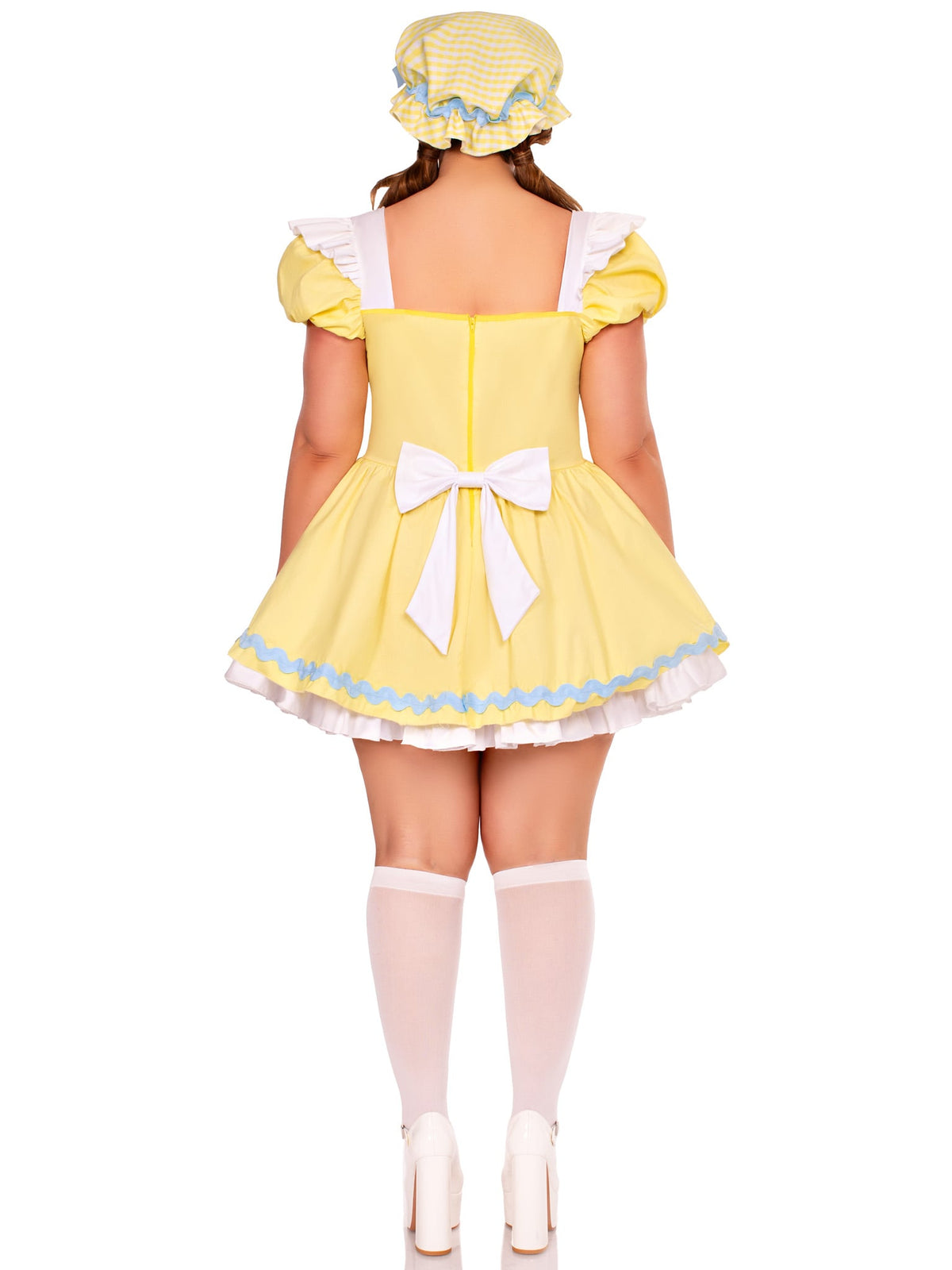 Plus Size 3 PC Beary-Cute Goldilocks Costume, Includes Apron Dress with Lace-Up Front and Bear Patches, Pin-On Back Bow, and Bonnet