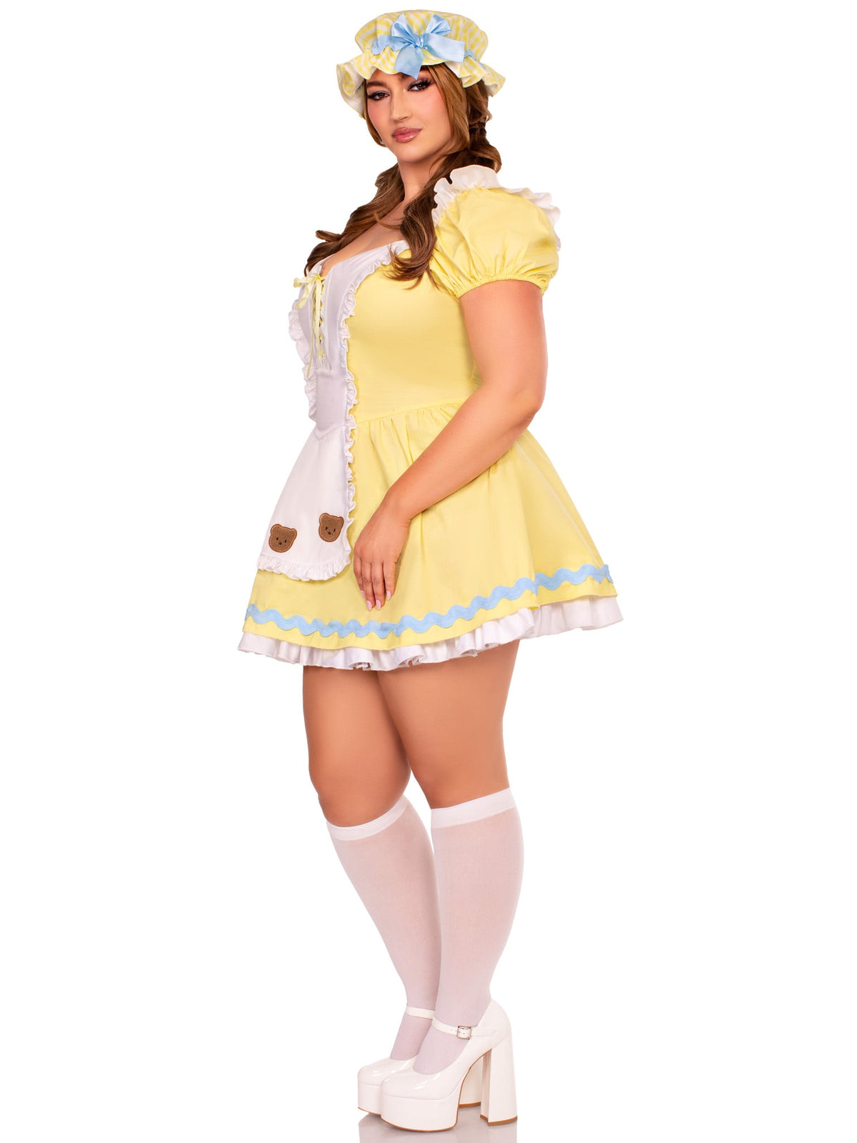 Plus Size 3 PC Beary-Cute Goldilocks Costume, Includes Apron Dress with Lace-Up Front and Bear Patches, Pin-On Back Bow, and Bonnet