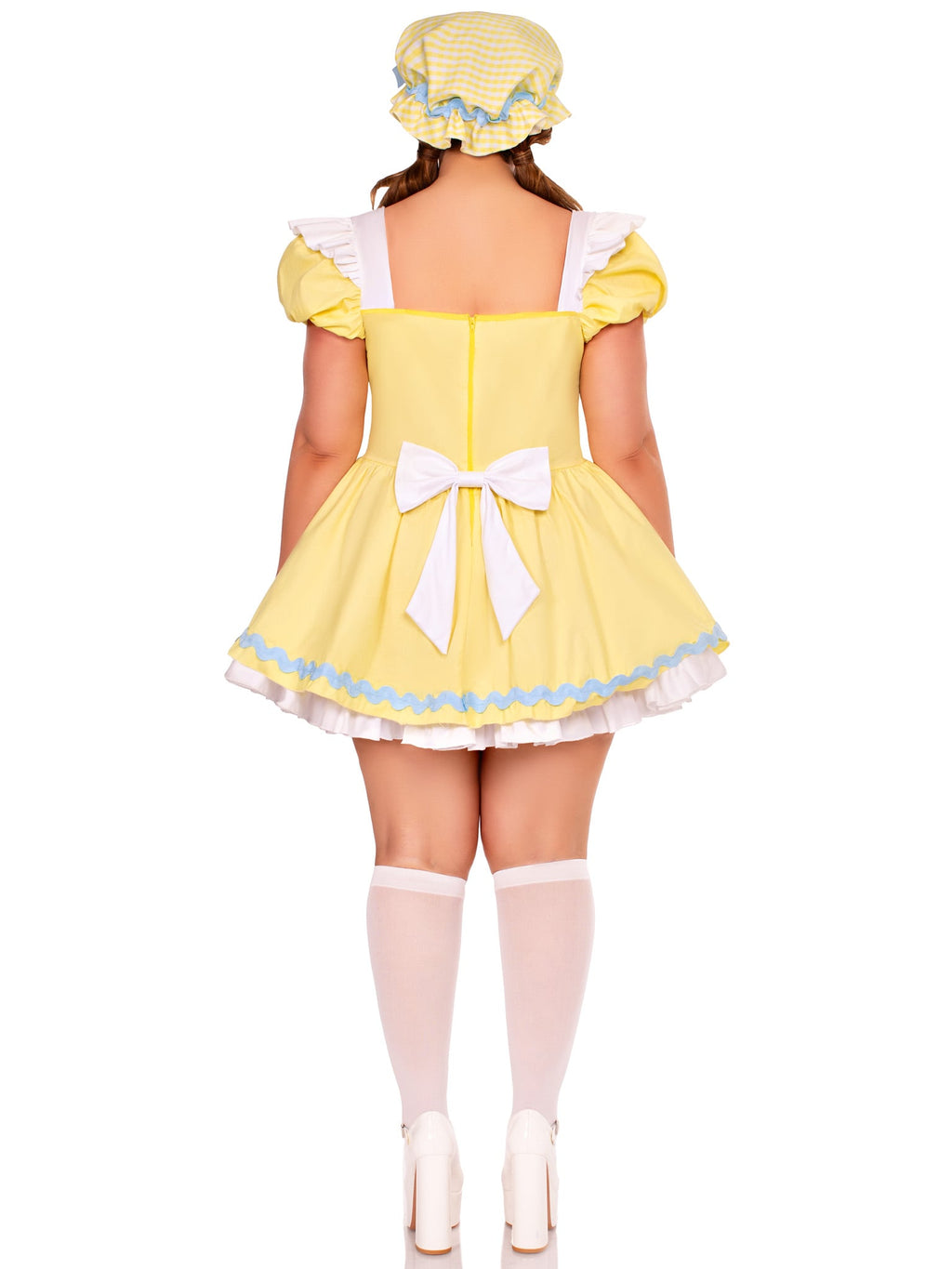 Plus Size 3 PC Beary-Cute Goldilocks Costume, Includes Apron Dress with Lace-Up Front and Bear Patches, Pin-On Back Bow, and Bonnet