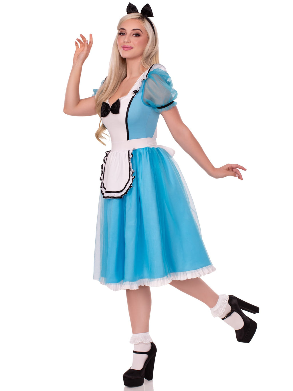 2 PC Looking Glass Alice Costume, Includes Ruffle-Trimmed Tulle Dress with Attached Apron and Bow Headband