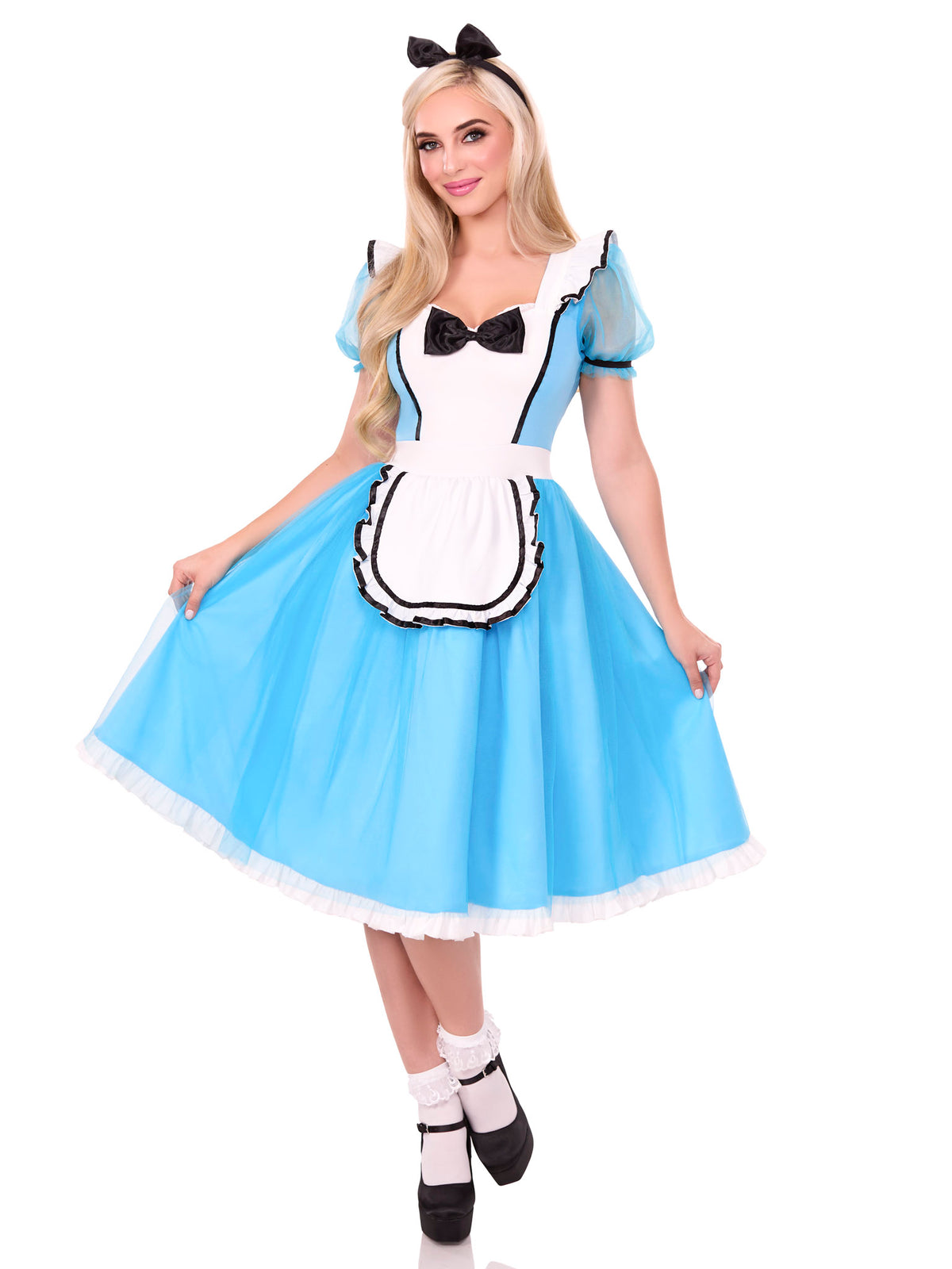 2 PC Looking Glass Alice Costume, Includes Ruffle-Trimmed Tulle Dress with Attached Apron and Bow Headband