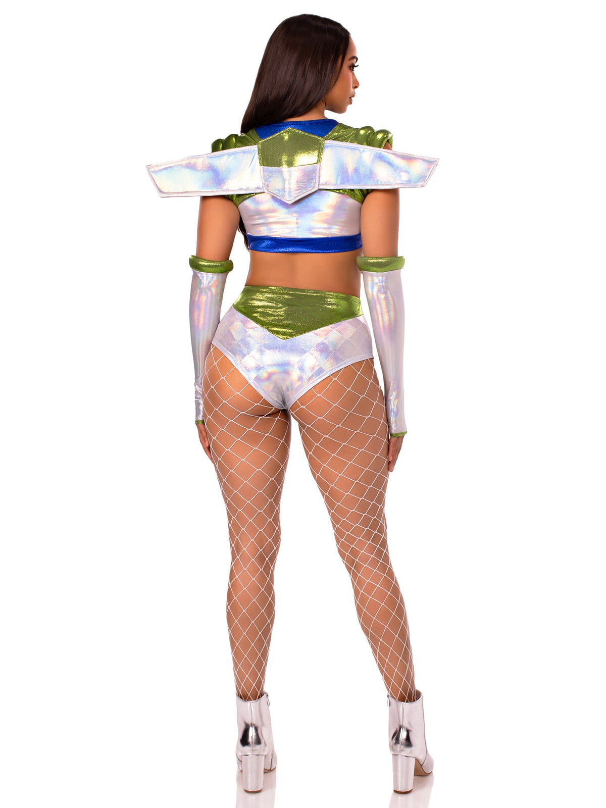 4 PC Intergalactic Ranger Costume, Includes Holographic Crop Top, Wing Harness, Bottoms, and Fingerless Gloves
