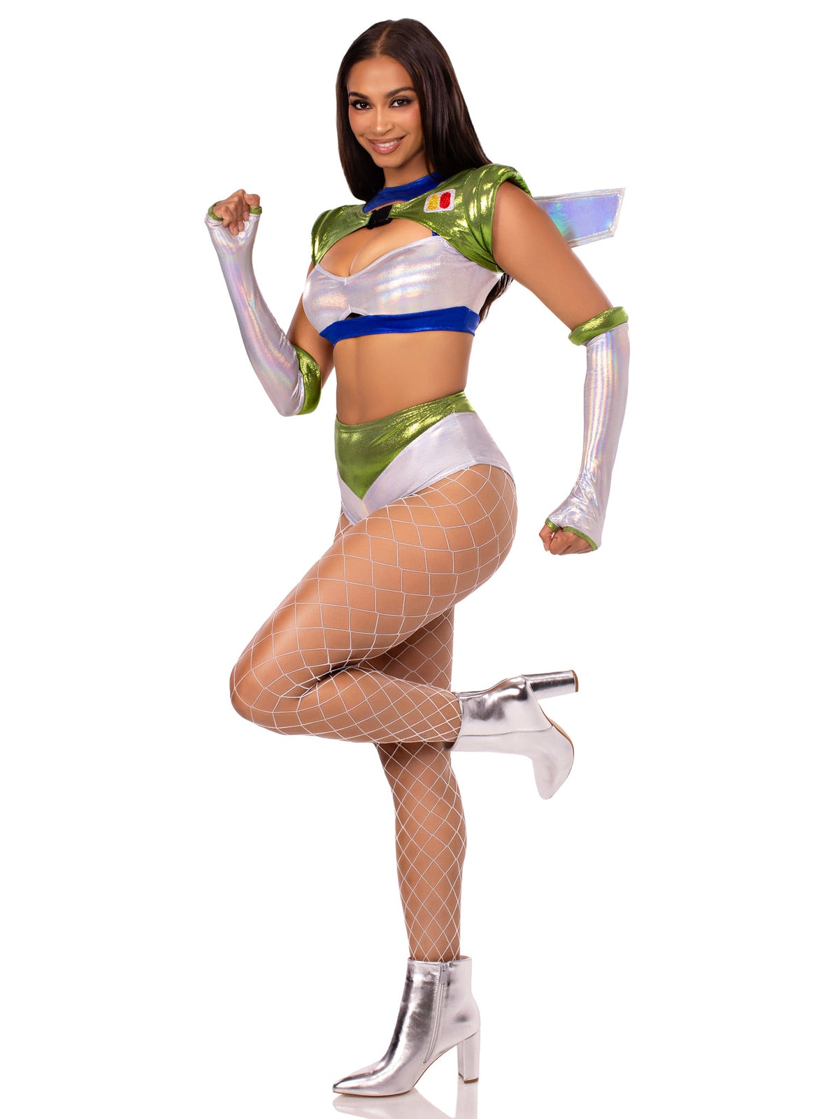 4 PC Intergalactic Ranger Costume, Includes Holographic Crop Top, Wing Harness, Bottoms, and Fingerless Gloves