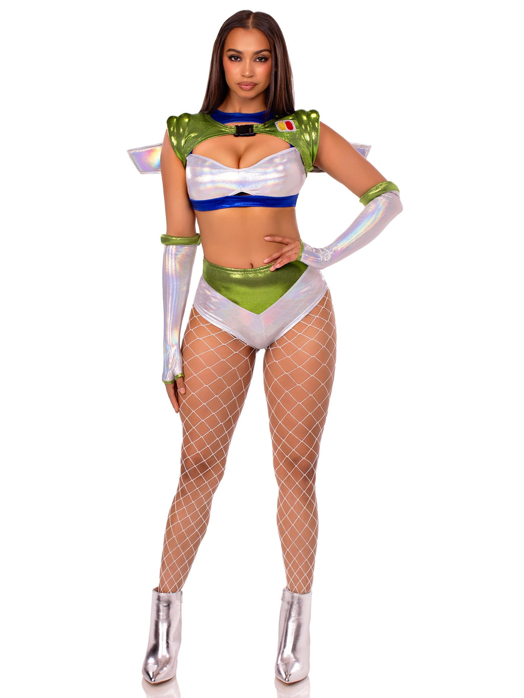 4 PC Intergalactic Ranger Costume, Includes Holographic Crop Top, Wing Harness, Bottoms, and Fingerless Gloves