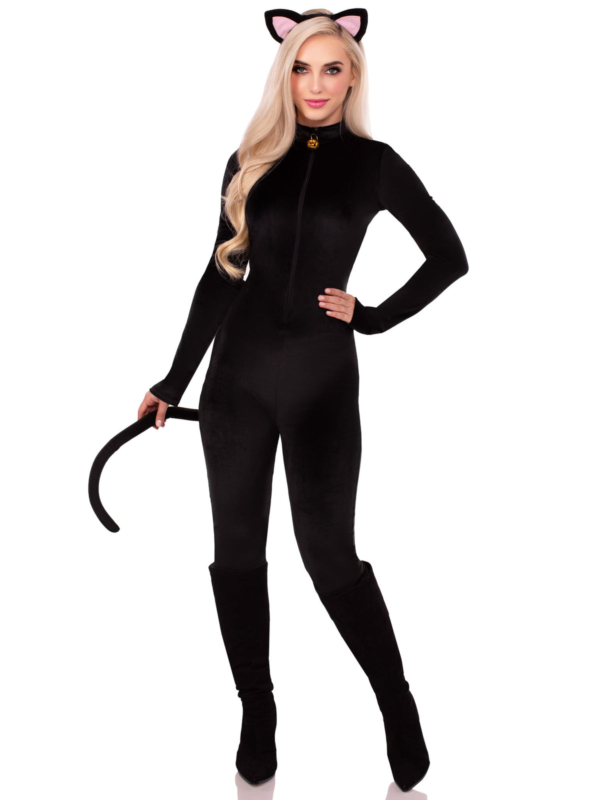 2 PC Pretty Kitty Costume, Includes Ultra-Soft Velvet Plush Catsuit with Bell Zipper Pull and Attached Wired Tail, and Cat Ear Headband