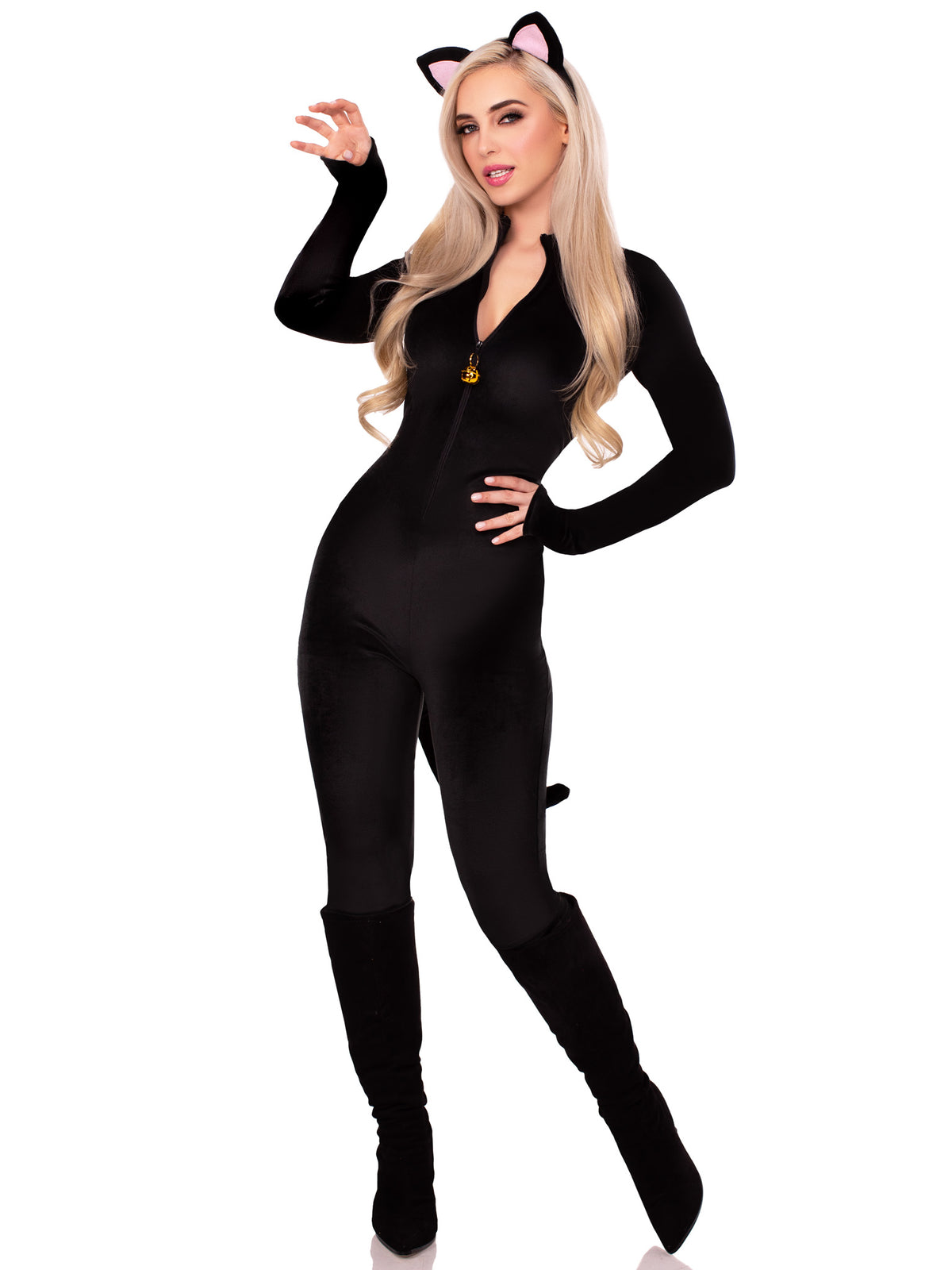2 PC Pretty Kitty Costume, Includes Ultra-Soft Velvet Plush Catsuit with Bell Zipper Pull and Attached Wired Tail, and Cat Ear Headband