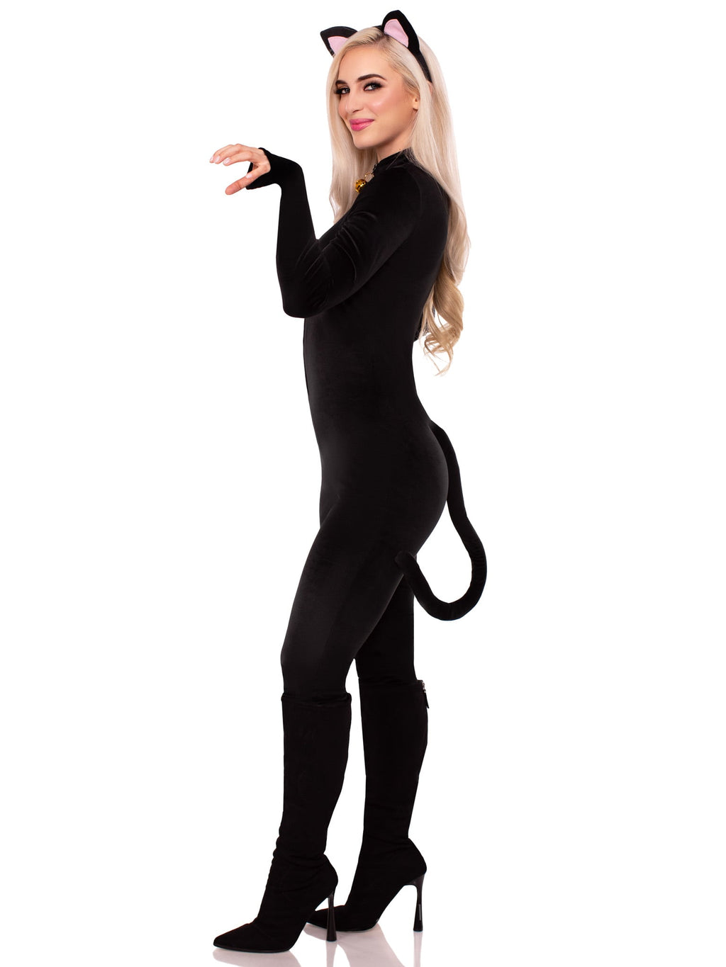2 PC Pretty Kitty Costume, Includes Ultra-Soft Velvet Plush Catsuit with Bell Zipper Pull and Attached Wired Tail, and Cat Ear Headband