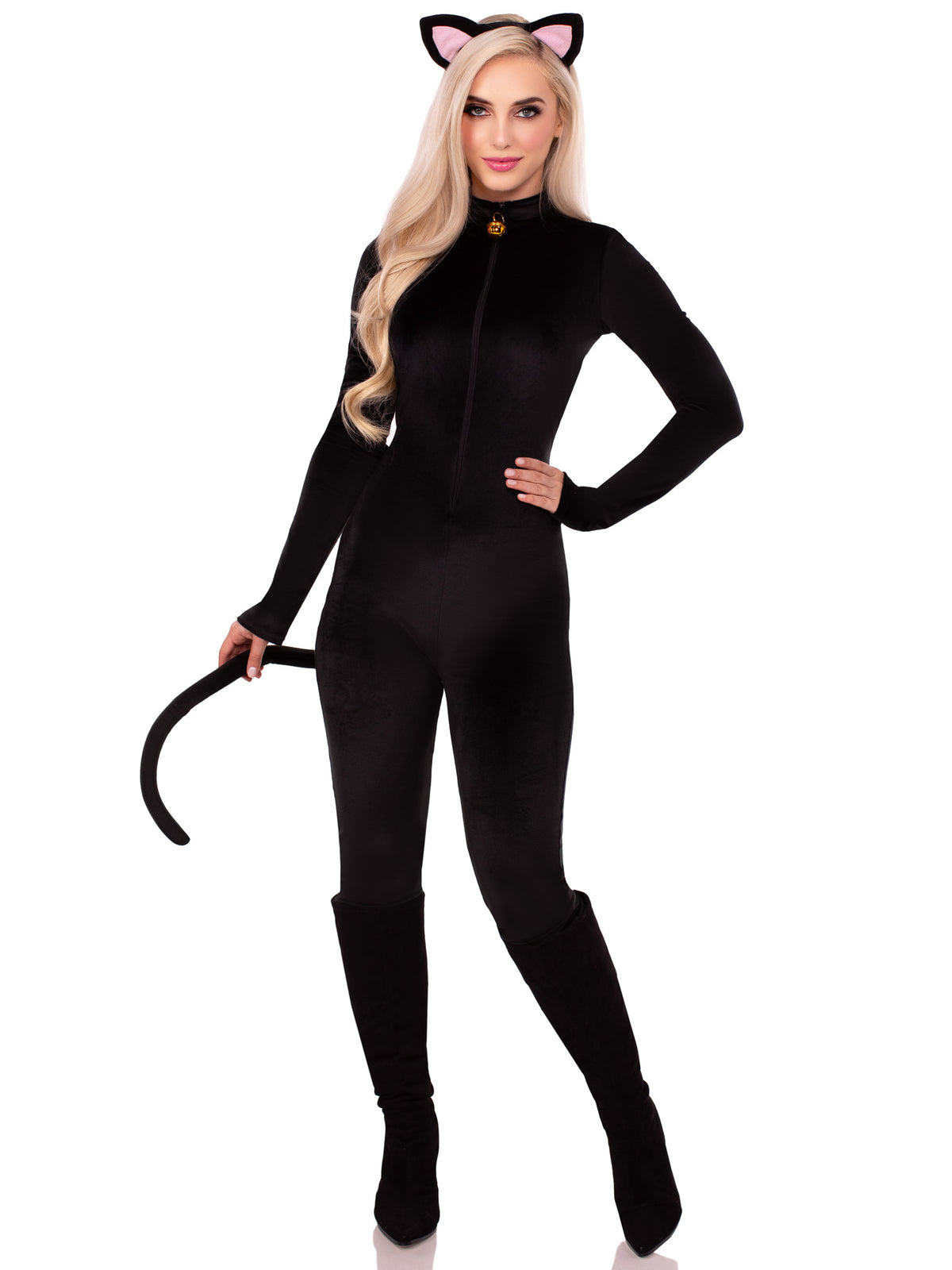 2 PC Pretty Kitty Costume, Includes Ultra-Soft Velvet Plush Catsuit with Bell Zipper Pull and Attached Wired Tail, and Cat Ear Headband
