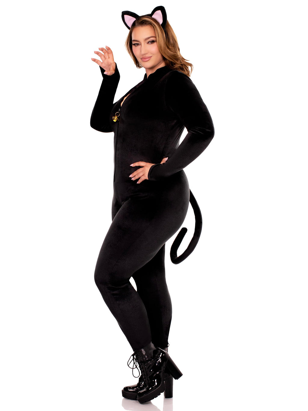 Plus Size 2 PC Pretty Kitty Costume, Includes Ultra-Soft Velvet Plush Catsuit with Bell Zipper Pull and Attached Wired Tail, and Cat Ear Headband