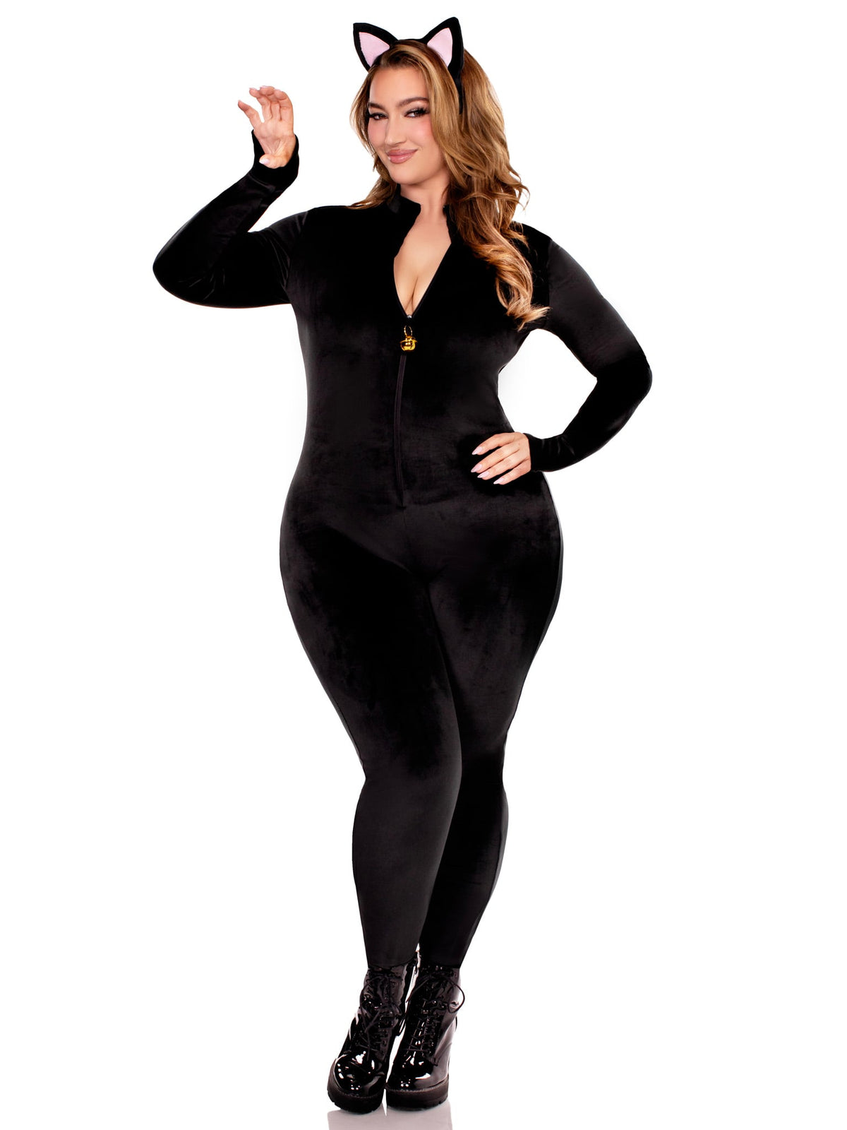 Plus Size 2 PC Pretty Kitty Costume, Includes Ultra-Soft Velvet Plush Catsuit with Bell Zipper Pull and Attached Wired Tail, and Cat Ear Headband