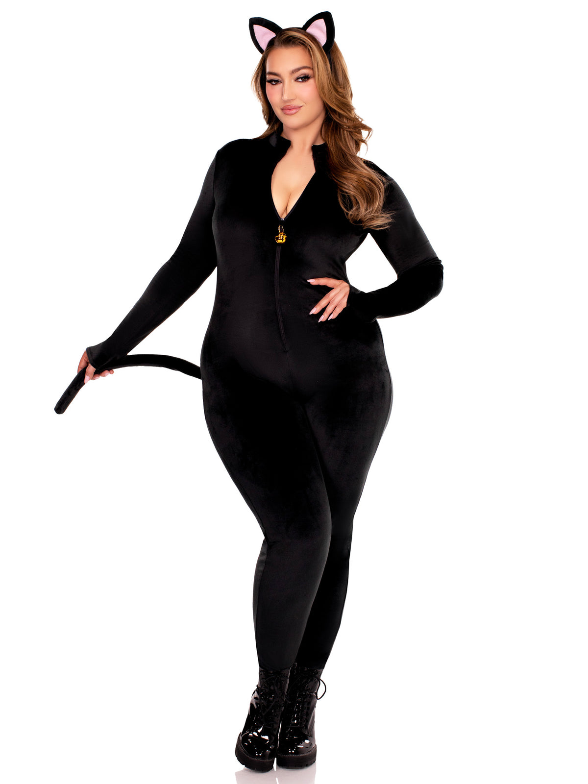 Plus Size 2 PC Pretty Kitty Costume, Includes Ultra-Soft Velvet Plush Catsuit with Bell Zipper Pull and Attached Wired Tail, and Cat Ear Headband