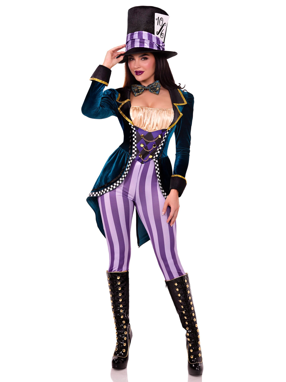 3 PC Classic Mad Hatter Costume, Includes Jumpsuit with a Checkerboard Trimmed Velvet Tailcoat, Bow Tie, and Mad Hatter Hat