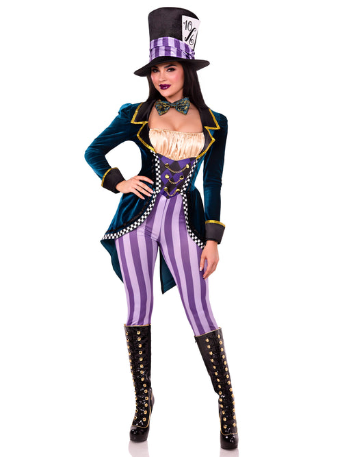 3 PC Classic Mad Hatter Costume, Includes Jumpsuit with a Checkerboard Trimmed Velvet Tailcoat, Bow Tie, and Mad Hatter Hat