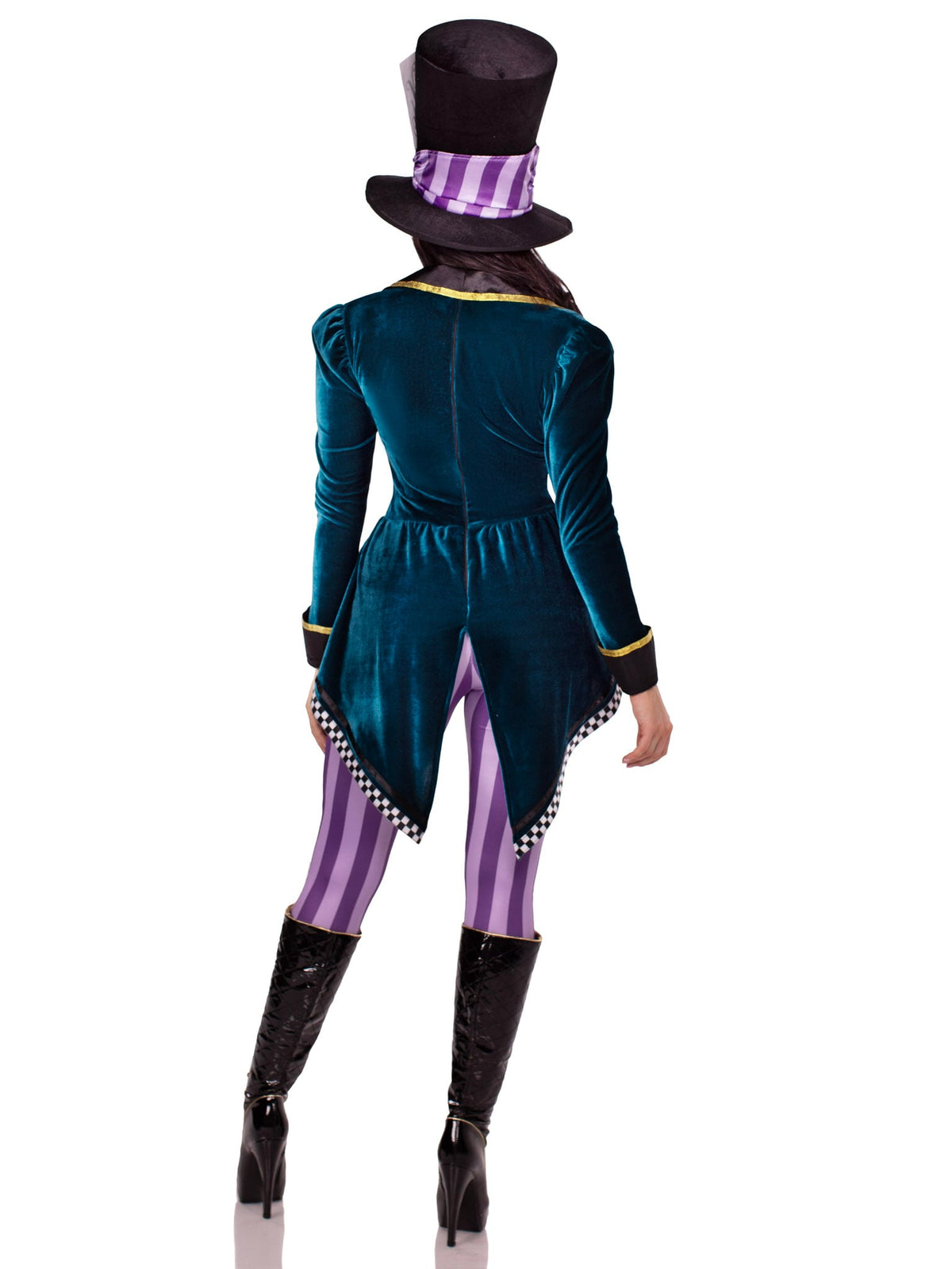 3 PC Classic Mad Hatter Costume, Includes Jumpsuit with a Checkerboard Trimmed Velvet Tailcoat, Bow Tie, and Mad Hatter Hat