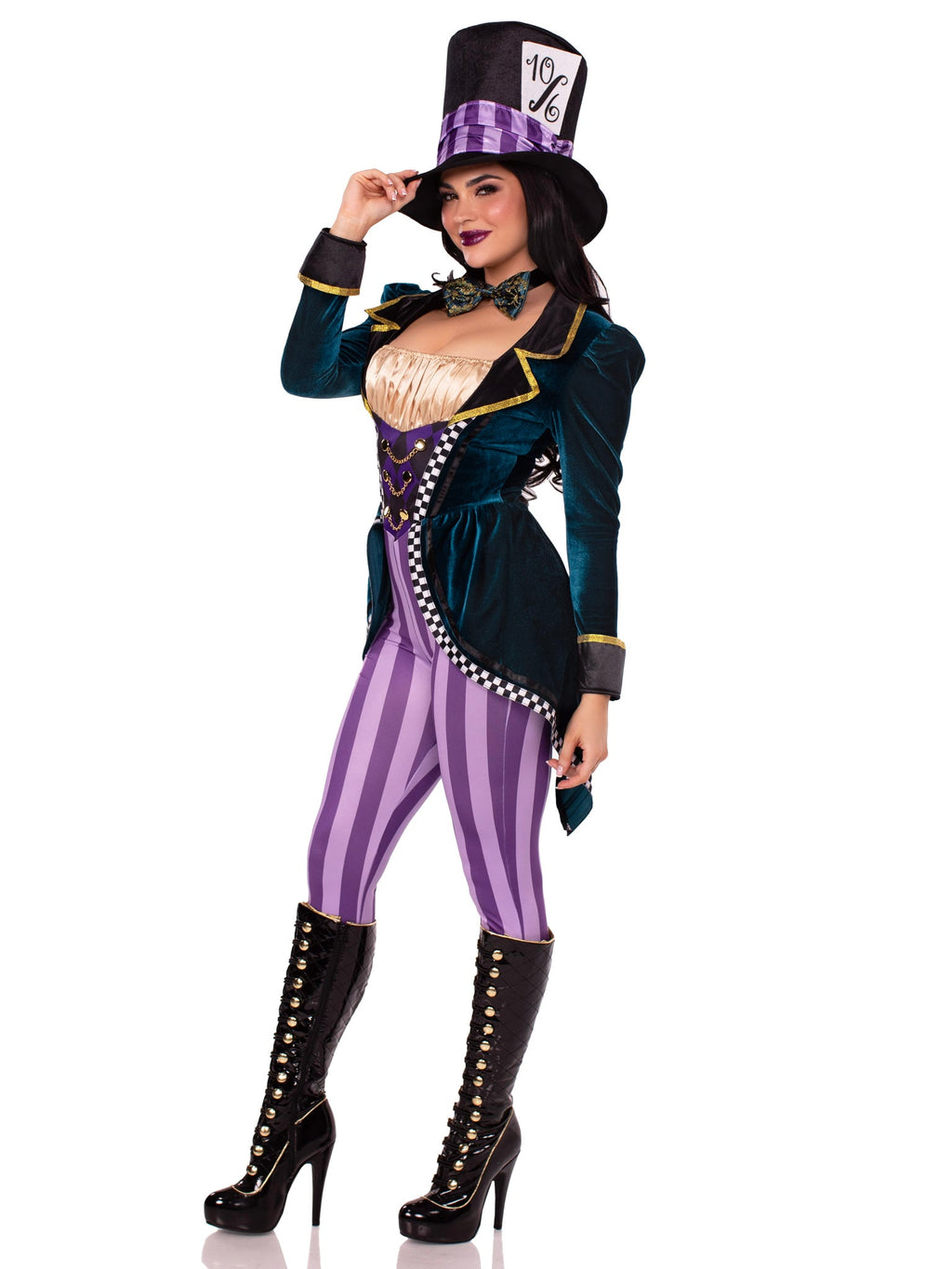 3 PC Classic Mad Hatter Costume, Includes Jumpsuit with a Checkerboard Trimmed Velvet Tailcoat, Bow Tie, and Mad Hatter Hat