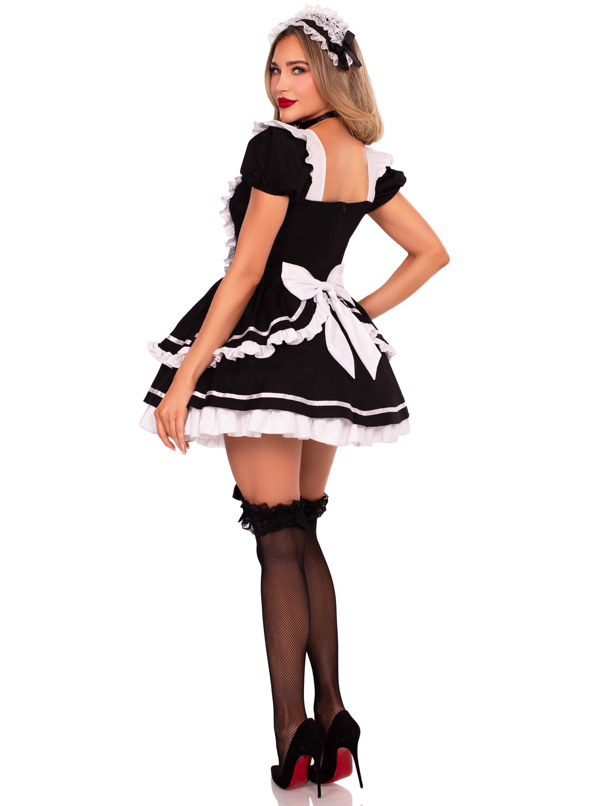 4 PC Maid to Flirt Costume, Includes Ruffle Trimmed Dress with Lace-Up Bodice and Tiered Skirt, Pin-On Back Bow, Cameo Choker, and Headband