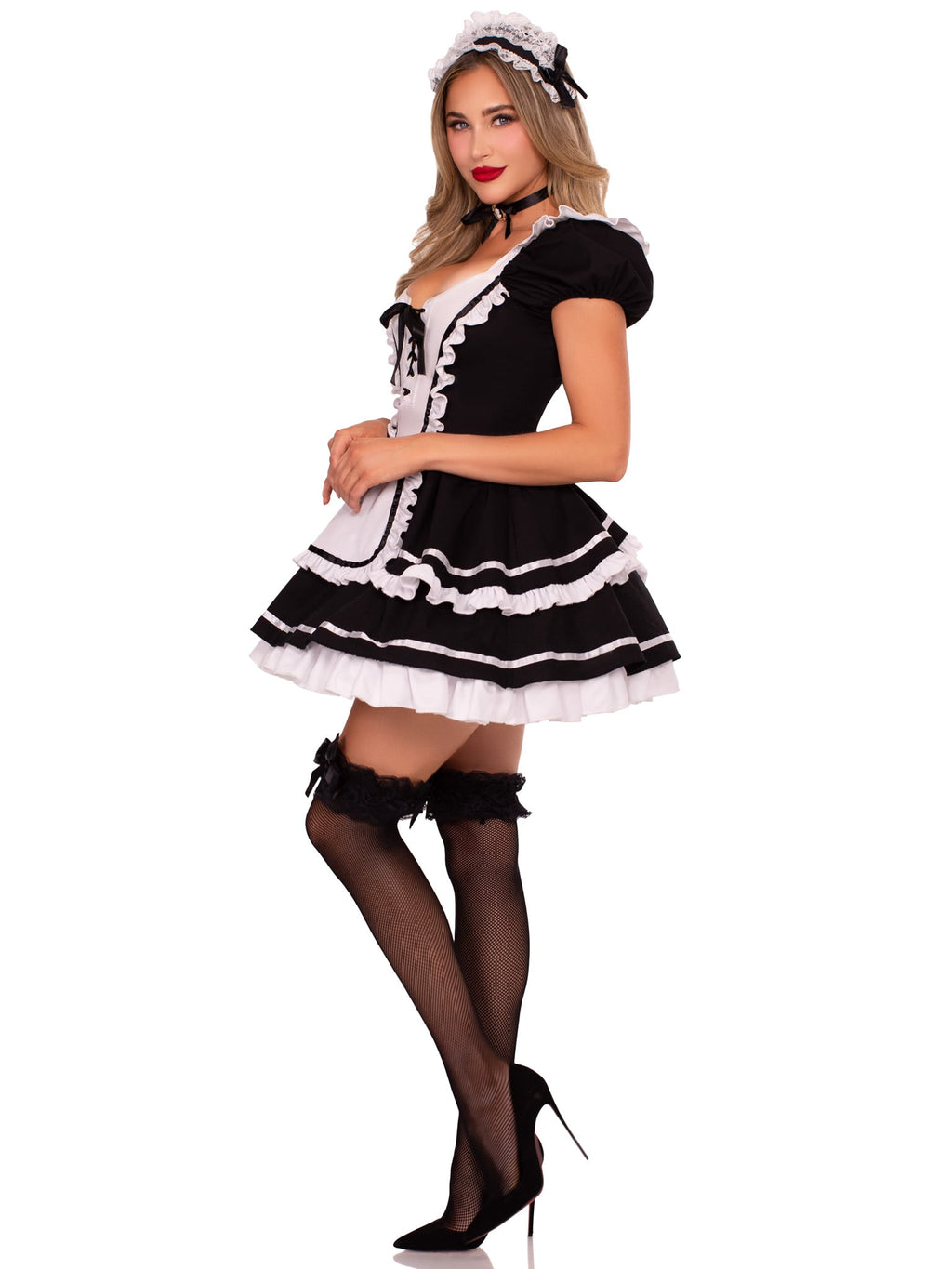 4 PC Maid to Flirt Costume, Includes Ruffle Trimmed Dress with Lace-Up Bodice and Tiered Skirt, Pin-On Back Bow, Cameo Choker, and Headband