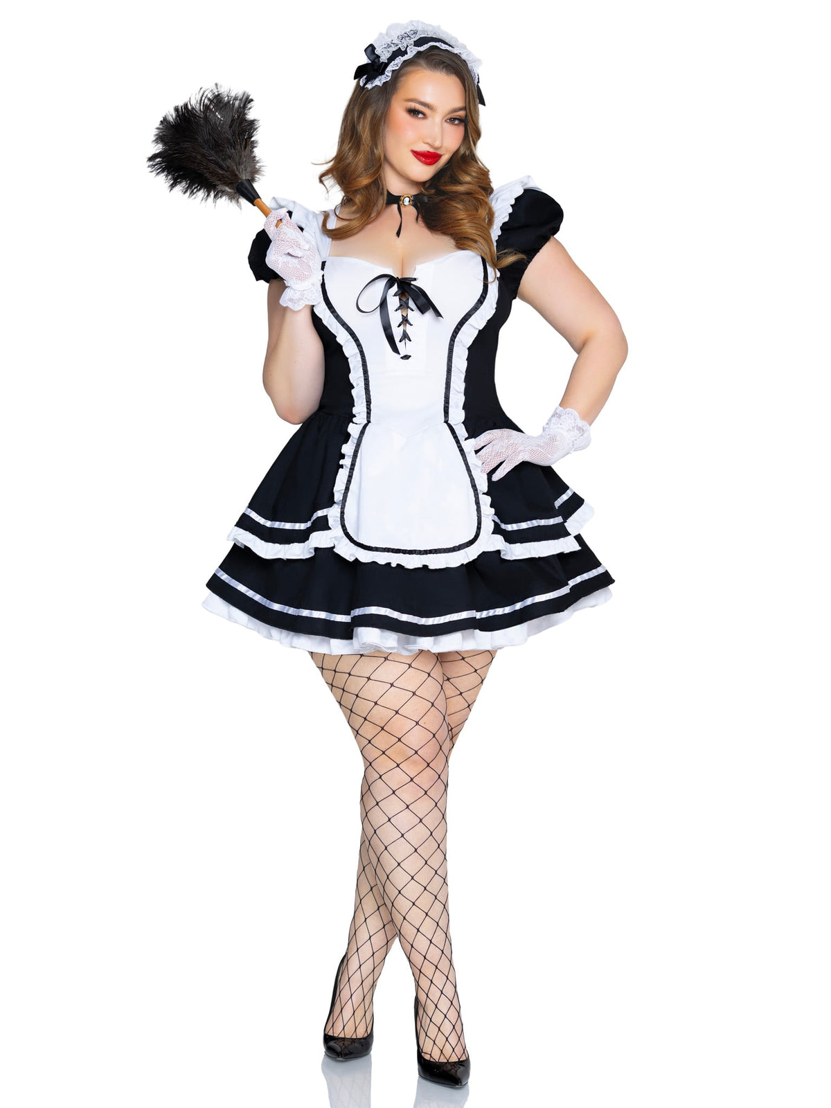 4 PC Maid to Flirt Costume, Includes Ruffle Trimmed Dress with Lace-Up Bodice and Tiered Skirt, Pin-On Back Bow, Cameo Choker, and Headband