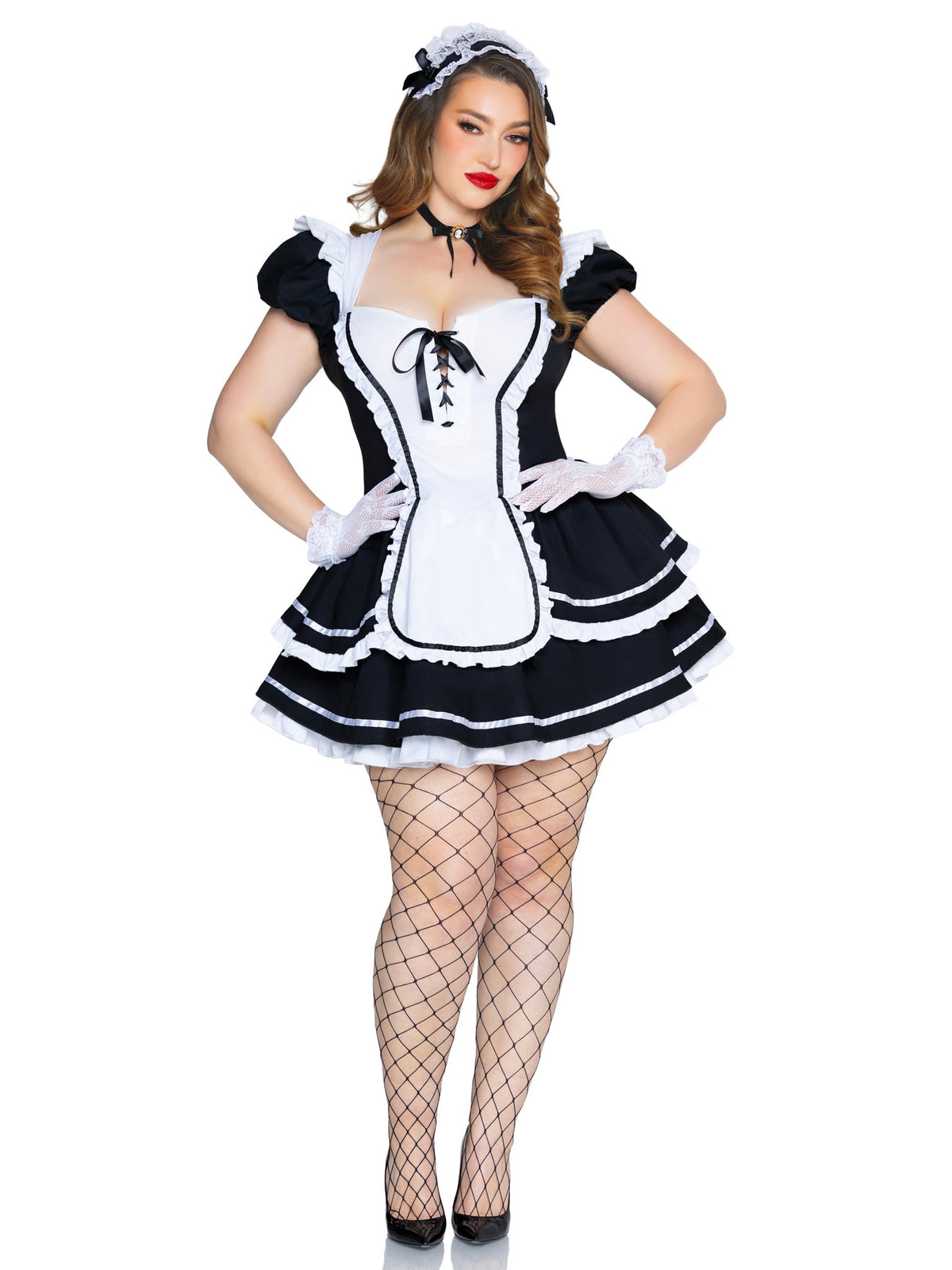 4 PC Maid to Flirt Costume, Includes Ruffle Trimmed Dress with Lace-Up Bodice and Tiered Skirt, Pin-On Back Bow, Cameo Choker, and Headband