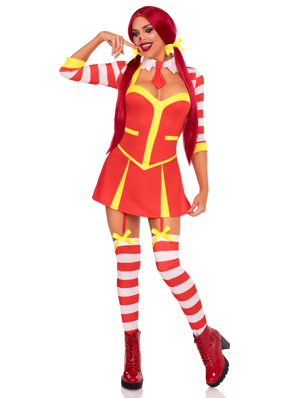 3 PC Ketchup Clown Costume, Includes Garter Dress with Attached Footless Thigh Highs, Collared Shrug, and 2 Hair Bows