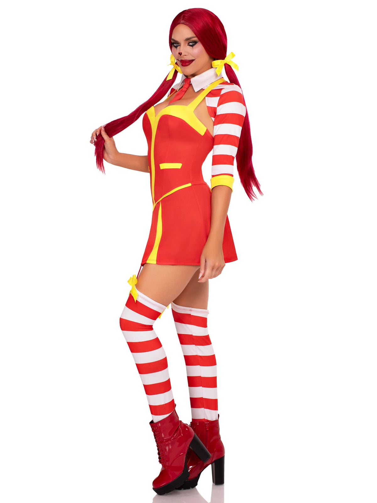 3 PC Ketchup Clown Costume, Includes Garter Dress with Attached Footless Thigh Highs, Collared Shrug, and 2 Hair Bows