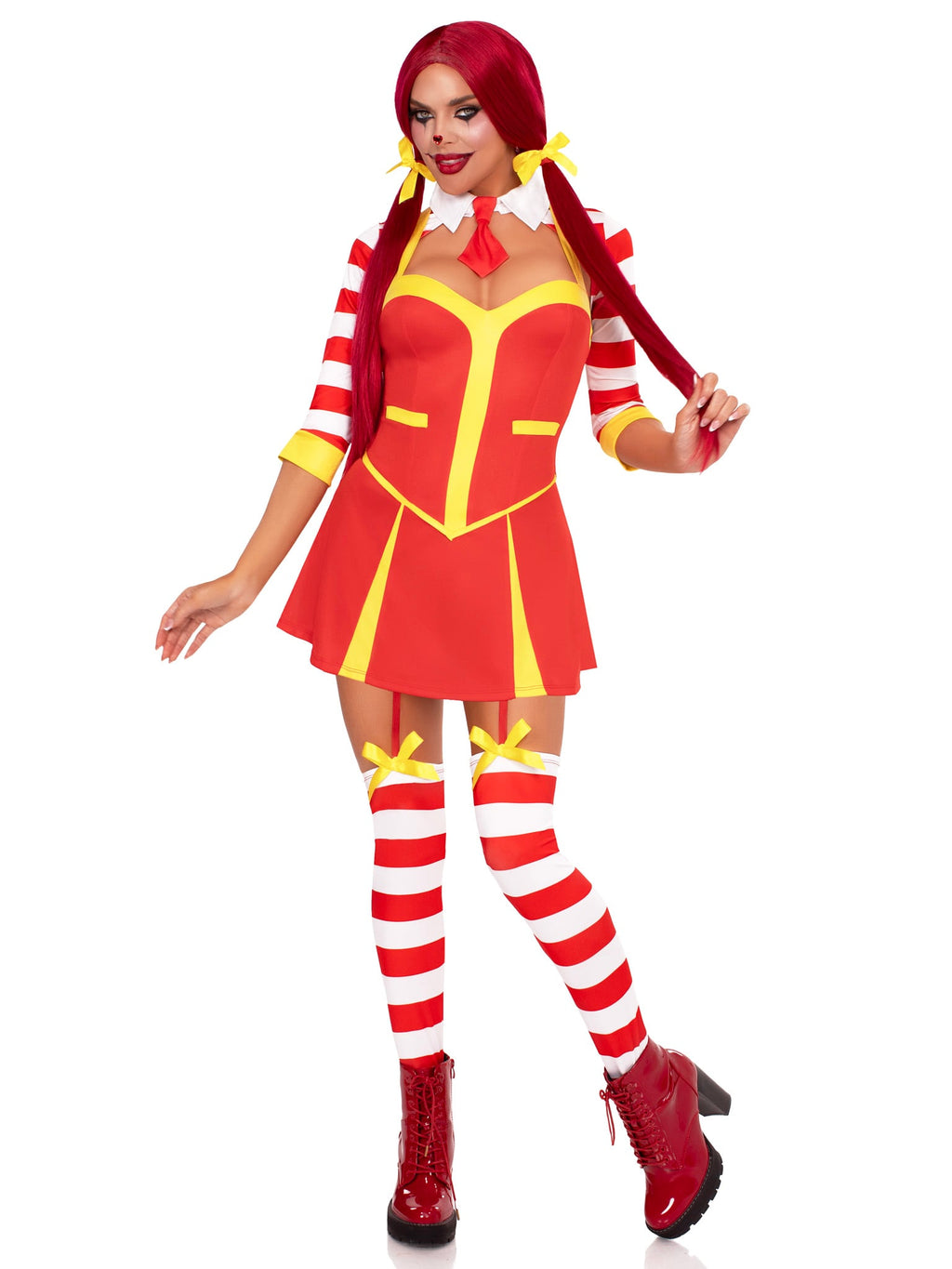 3 PC Ketchup Clown Costume, Includes Garter Dress with Attached Footless Thigh Highs, Collared Shrug, and 2 Hair Bows