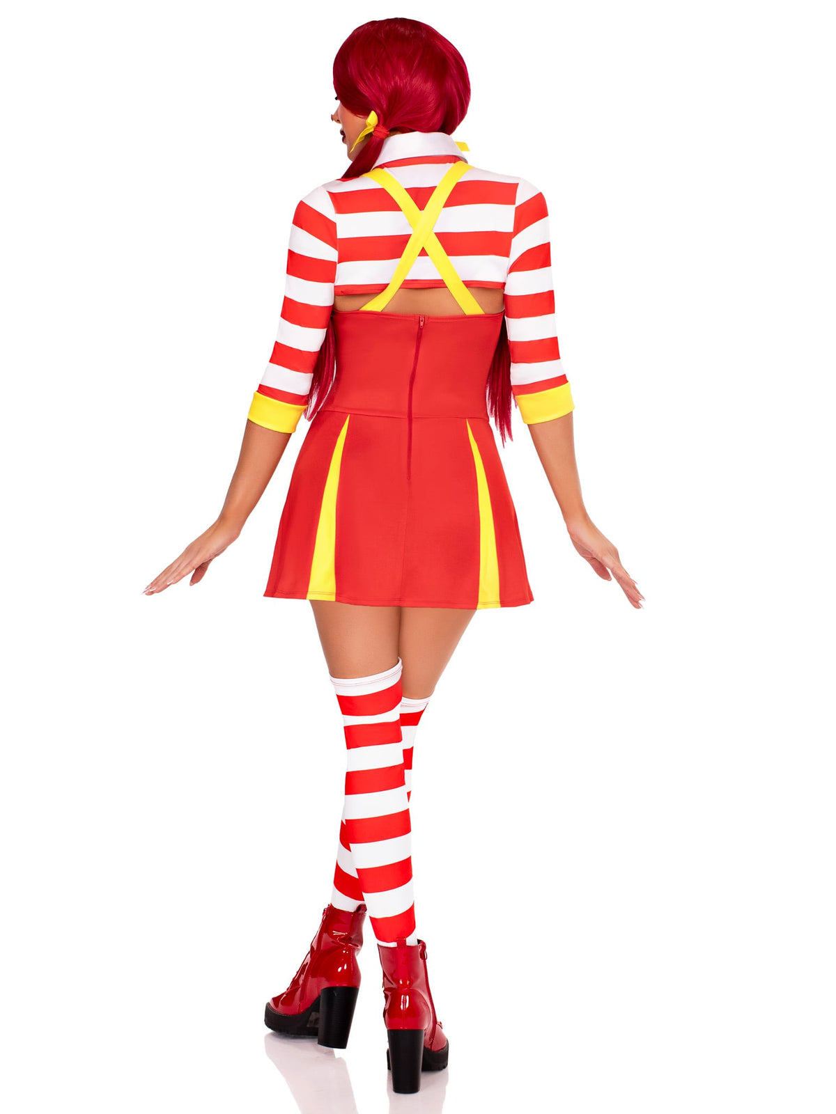 3 PC Ketchup Clown Costume, Includes Garter Dress with Attached Footless Thigh Highs, Collared Shrug, and 2 Hair Bows
