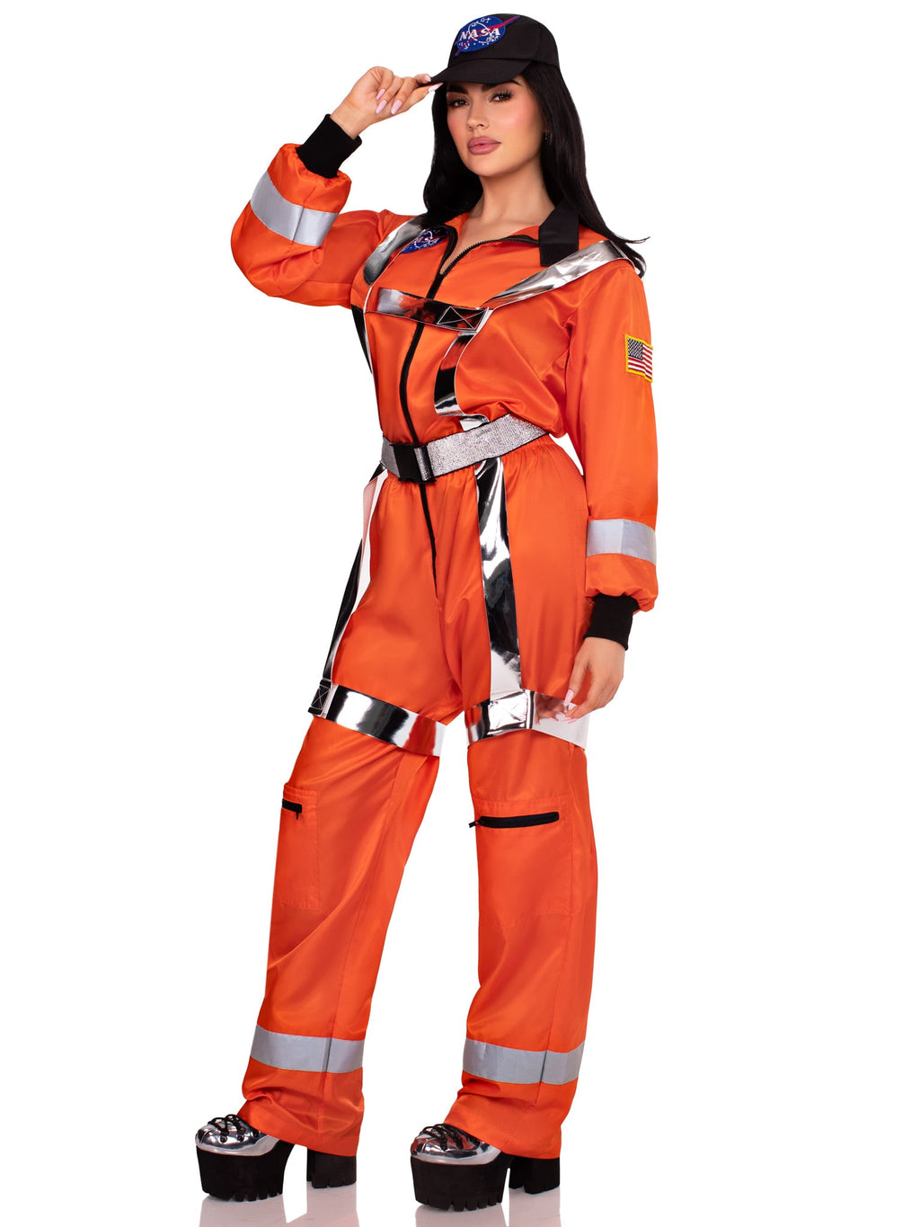 3 PC Cosmic Astronaut Costume, Includes Zip-Up Jumpsuit with Pockets and Reflective Trim, Metallic Body Harness, and Hat