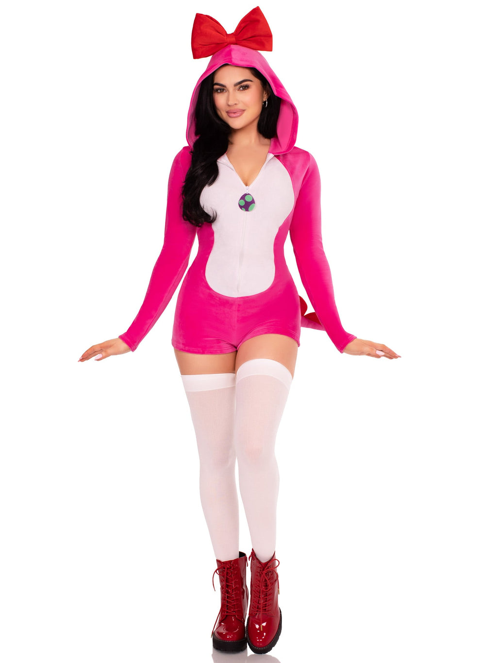 1 PC Comfy Dino Cutie Costume, Includes Ultra-Soft Velvet Plush Romper with Egg Zipper Pull and Bow Hood, Scalloped Spine, and Cheeky Paneled Booty with Stuffed Tail