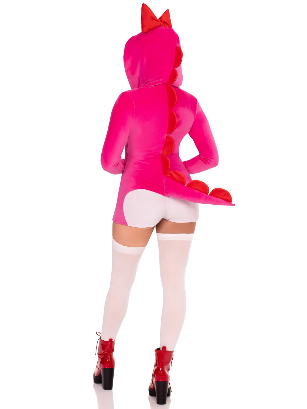 1 PC Comfy Dino Cutie Costume, Includes Ultra-Soft Velvet Plush Romper with Egg Zipper Pull and Bow Hood, Scalloped Spine, and Cheeky Paneled Booty with Stuffed Tail