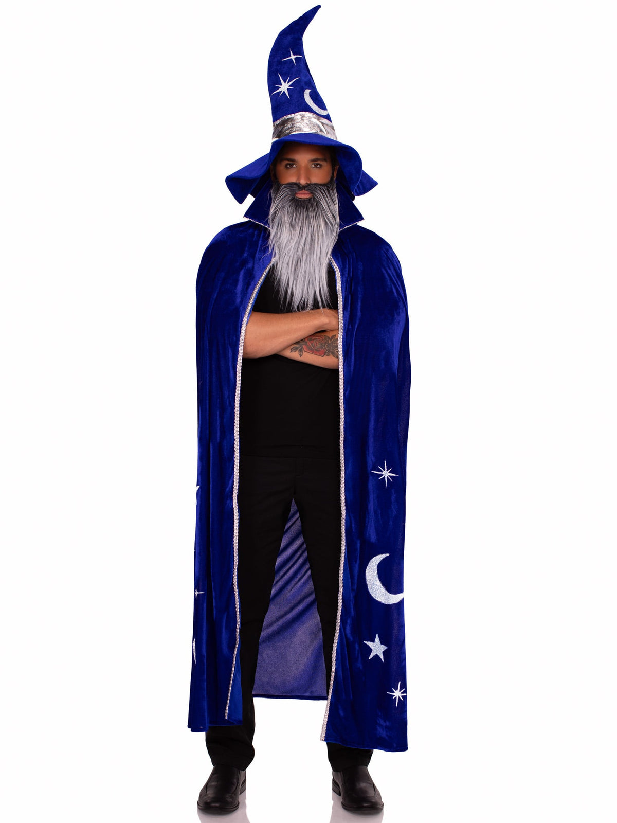 3 PC Wizard Costume Kit, Includes Cape with Celestial Accents, Wizard Hat, and Beard