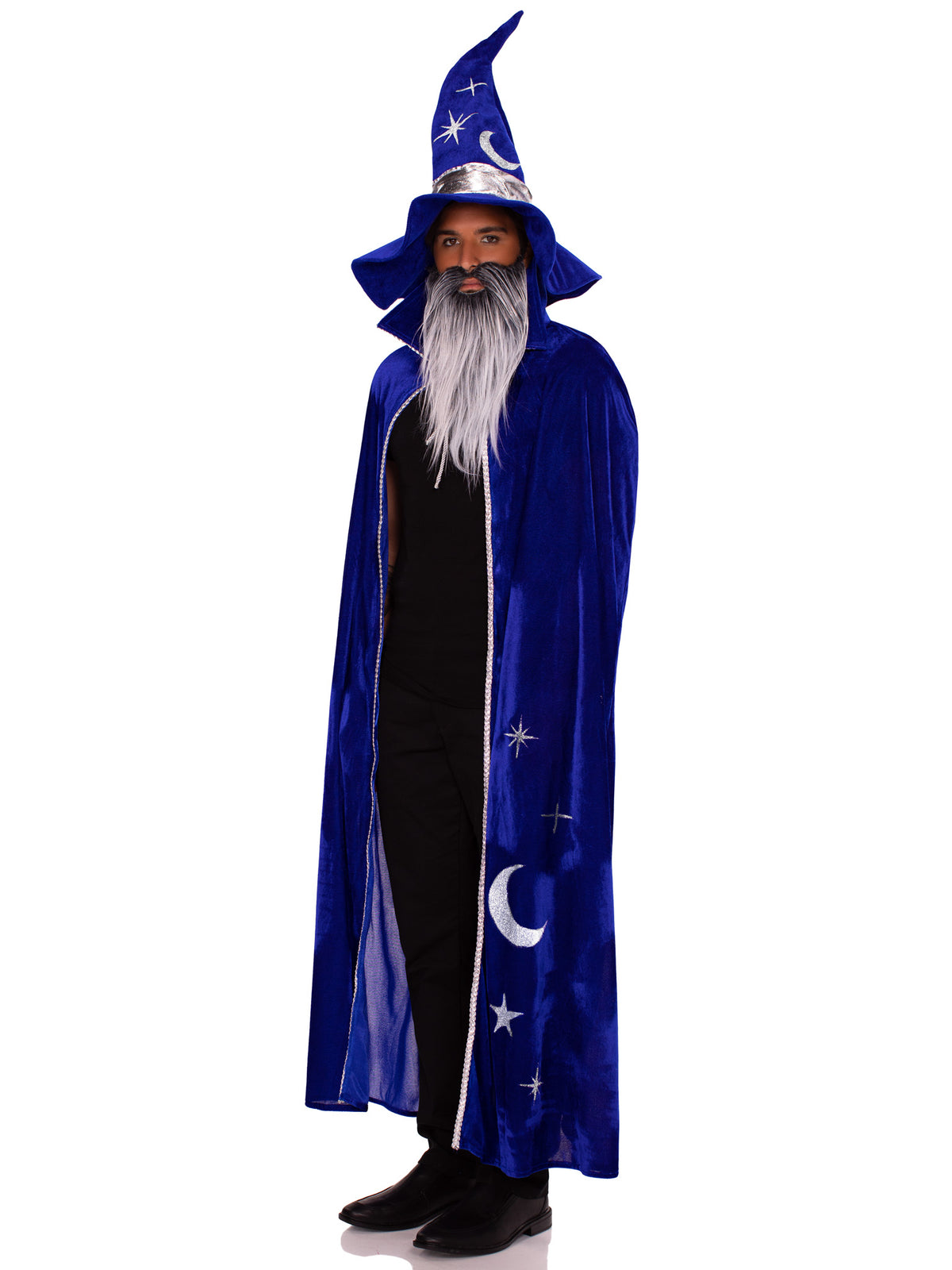 3 PC Wizard Costume Kit, Includes Cape with Celestial Accents, Wizard Hat, and Beard