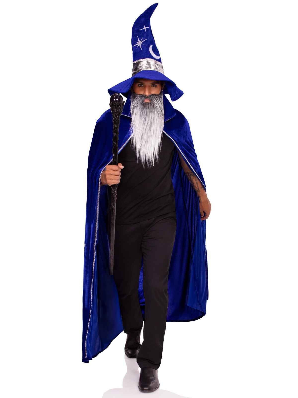 3 PC Wizard Costume Kit, Includes Cape with Celestial Accents, Wizard Hat, and Beard